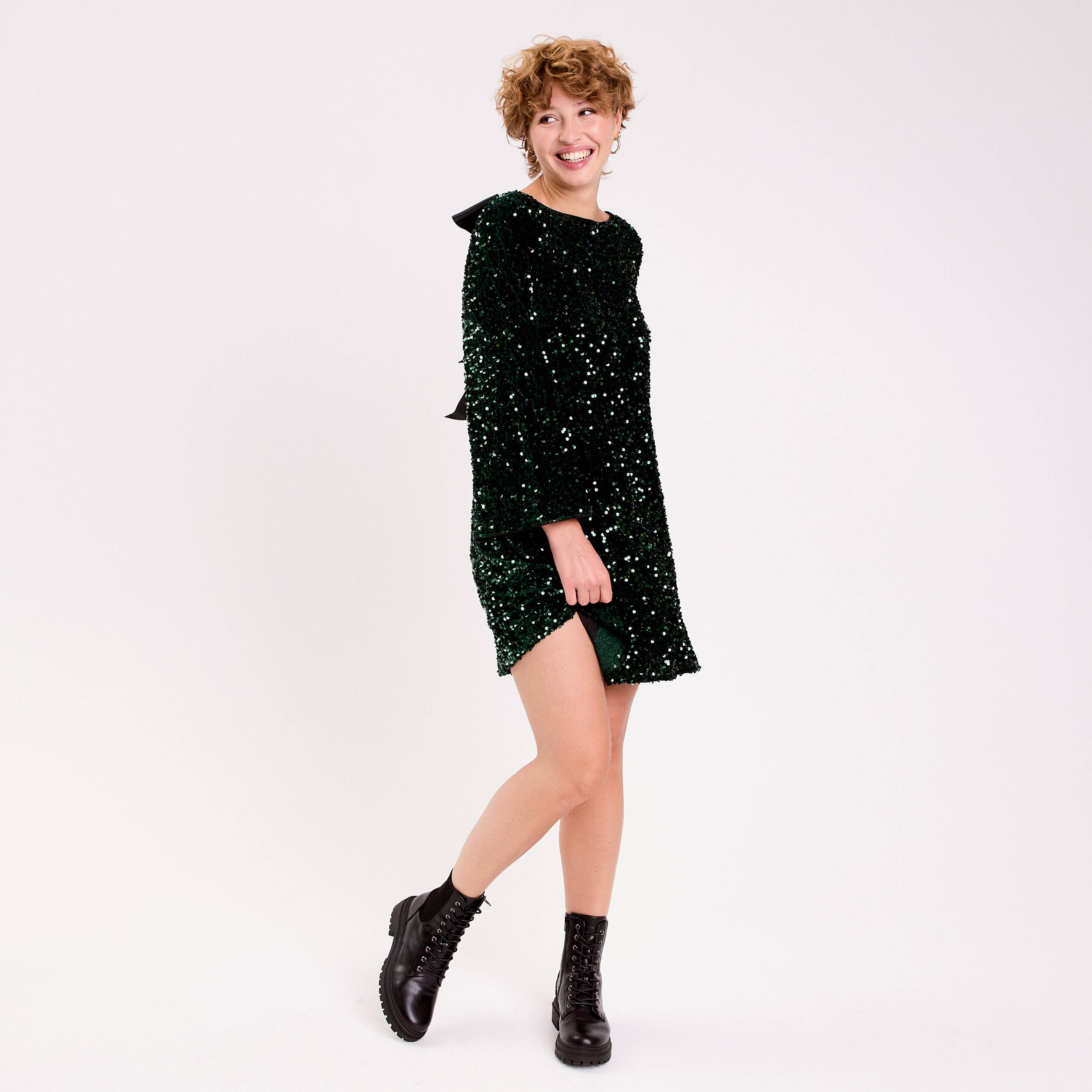 Robe &agrave; sequins dos nou&eacute; vert fonc&eacute; femme