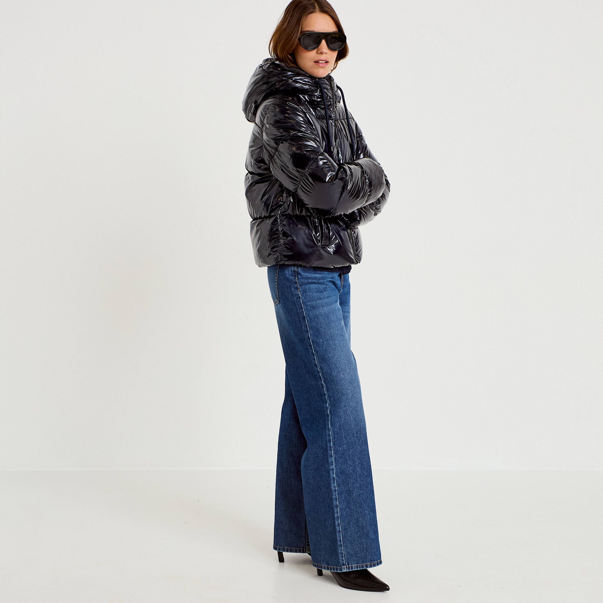 Doudoune bas resserr&eacute; manches longues bleu marine femme