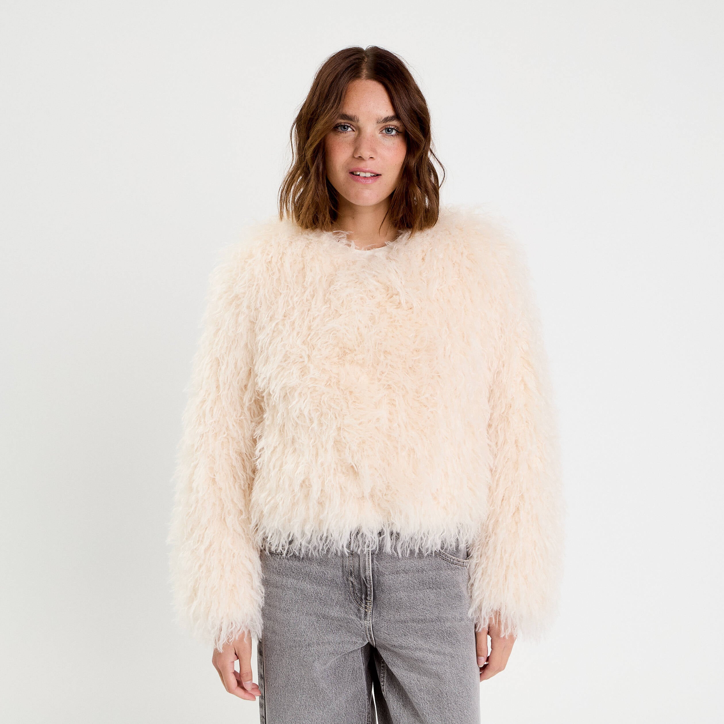 Veste fausse fourrure ecru femme