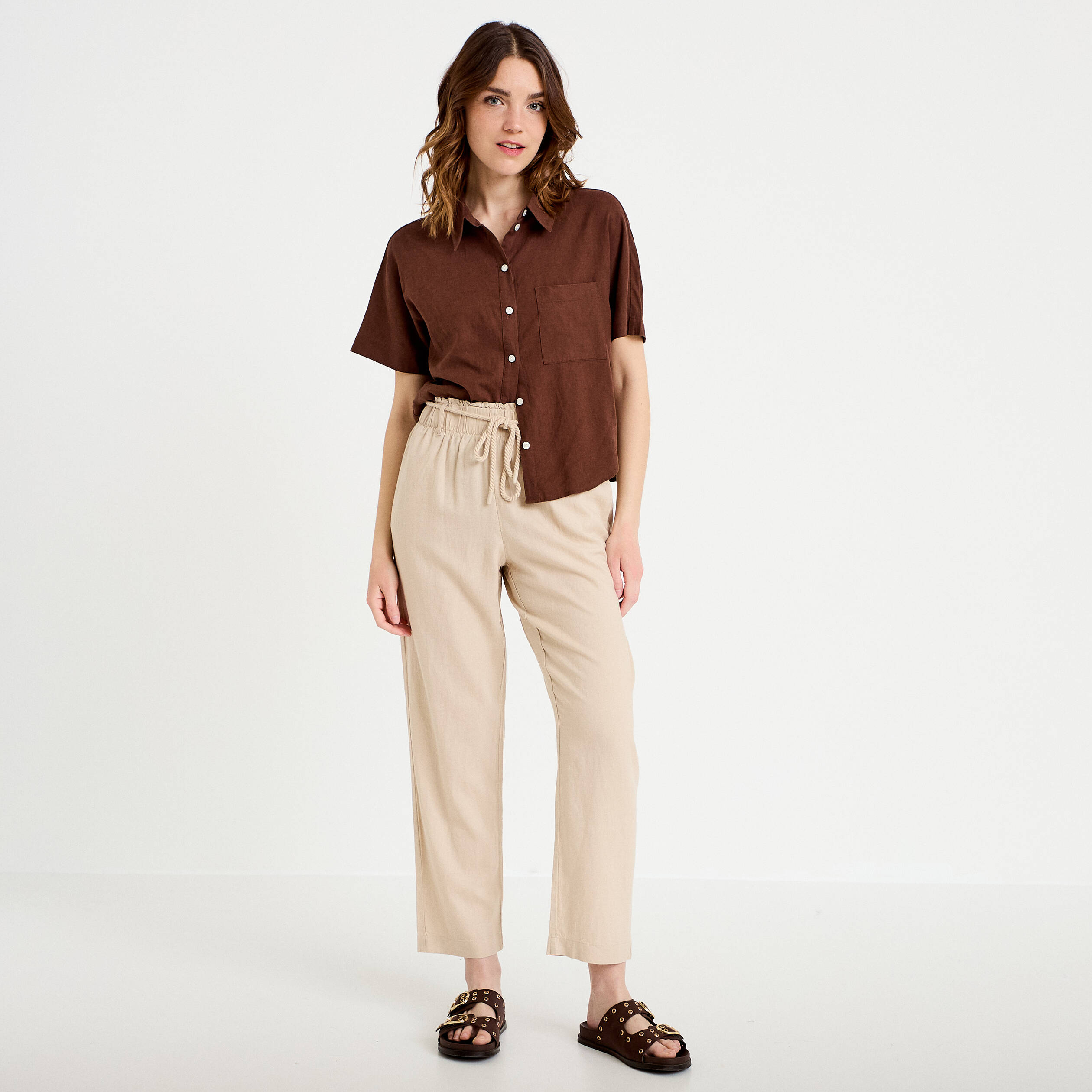Pantalon large 7/8&egrave;me taille haute sable femme