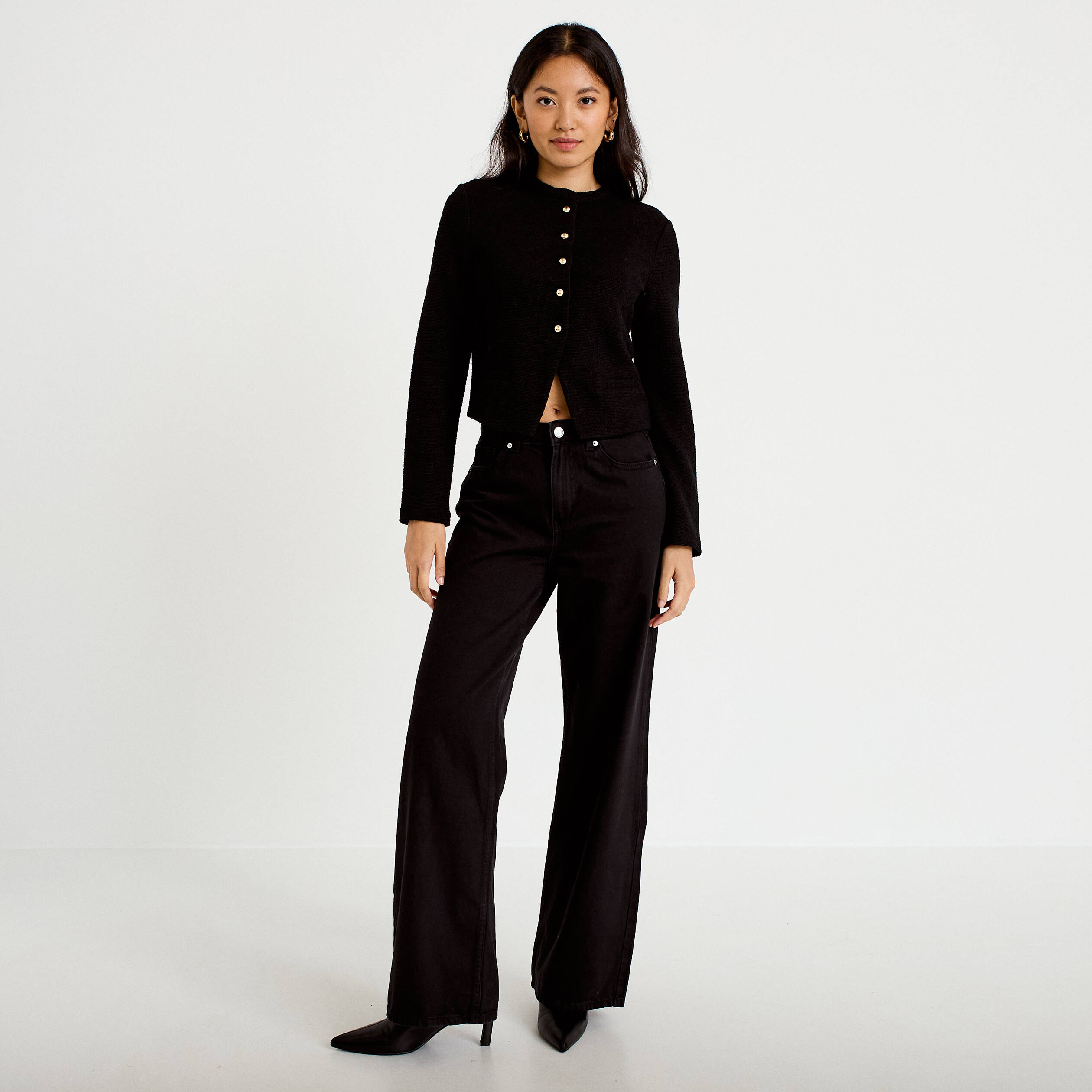 Jeans wide leg taille haute denim noir femme