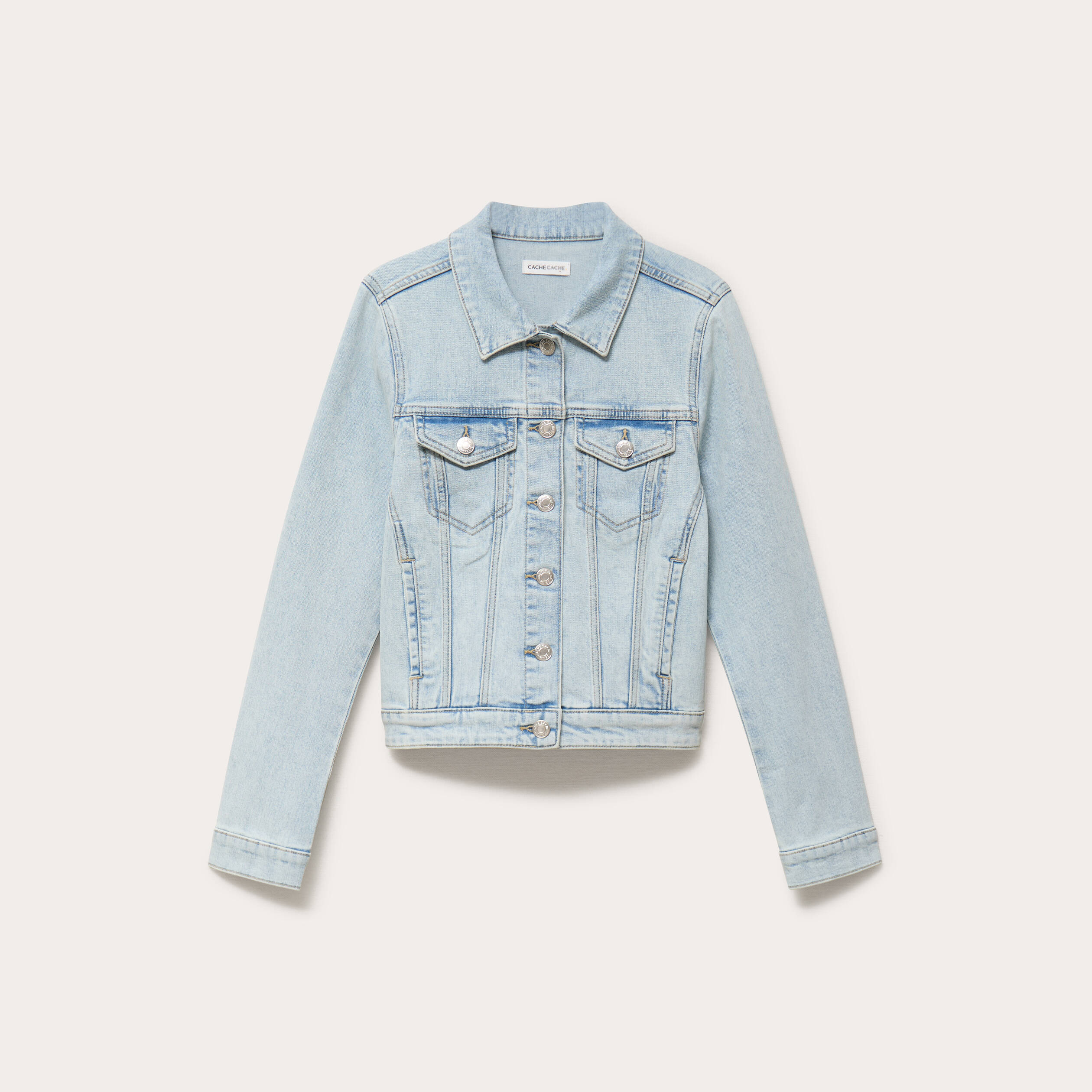 Veste cintr&eacute;e en jean col classique denim bleach femme