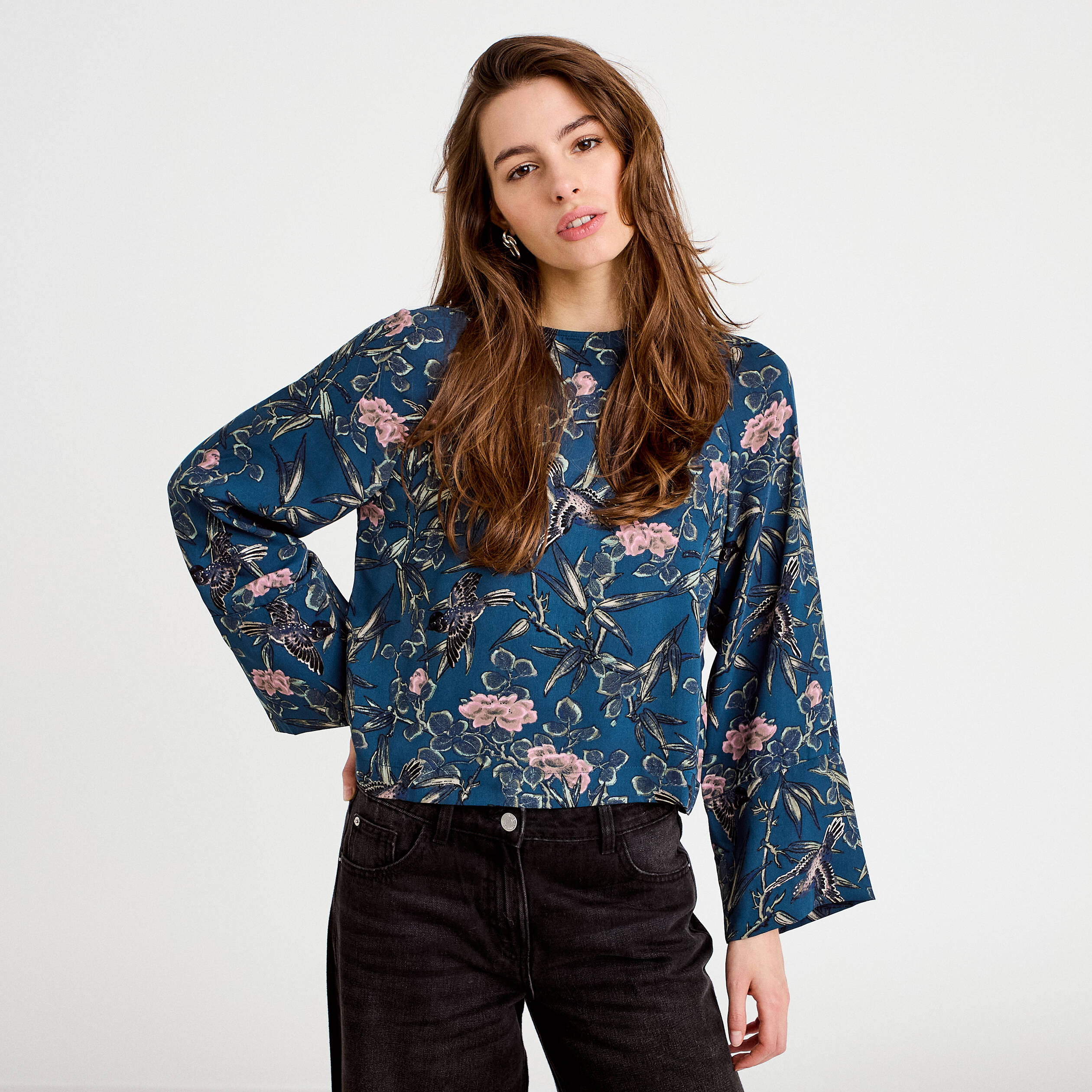 Blouse manches longues encolure bateau bleu p&eacute;trole femme