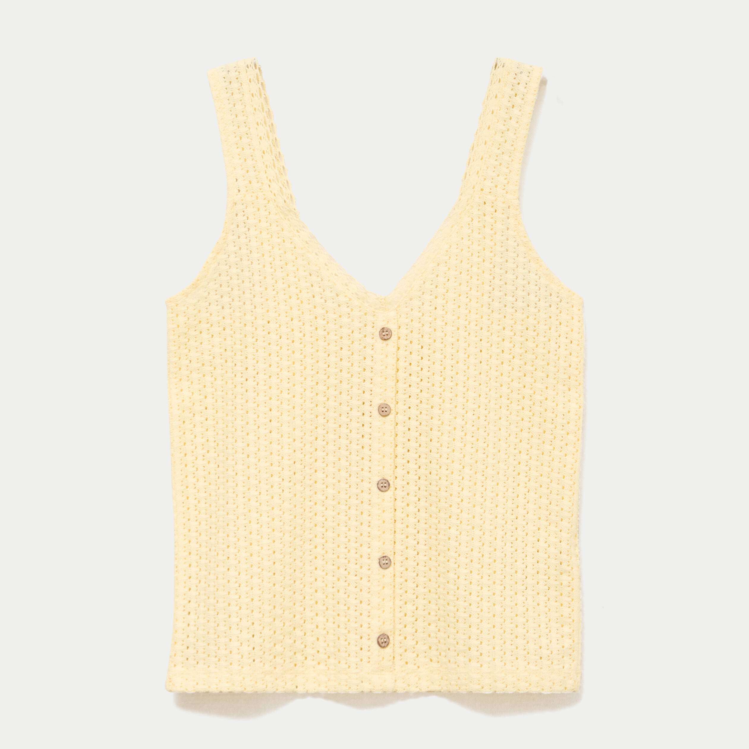 D&eacute;bardeur ajour&eacute; aspect dentelle col v jaune pastel femme