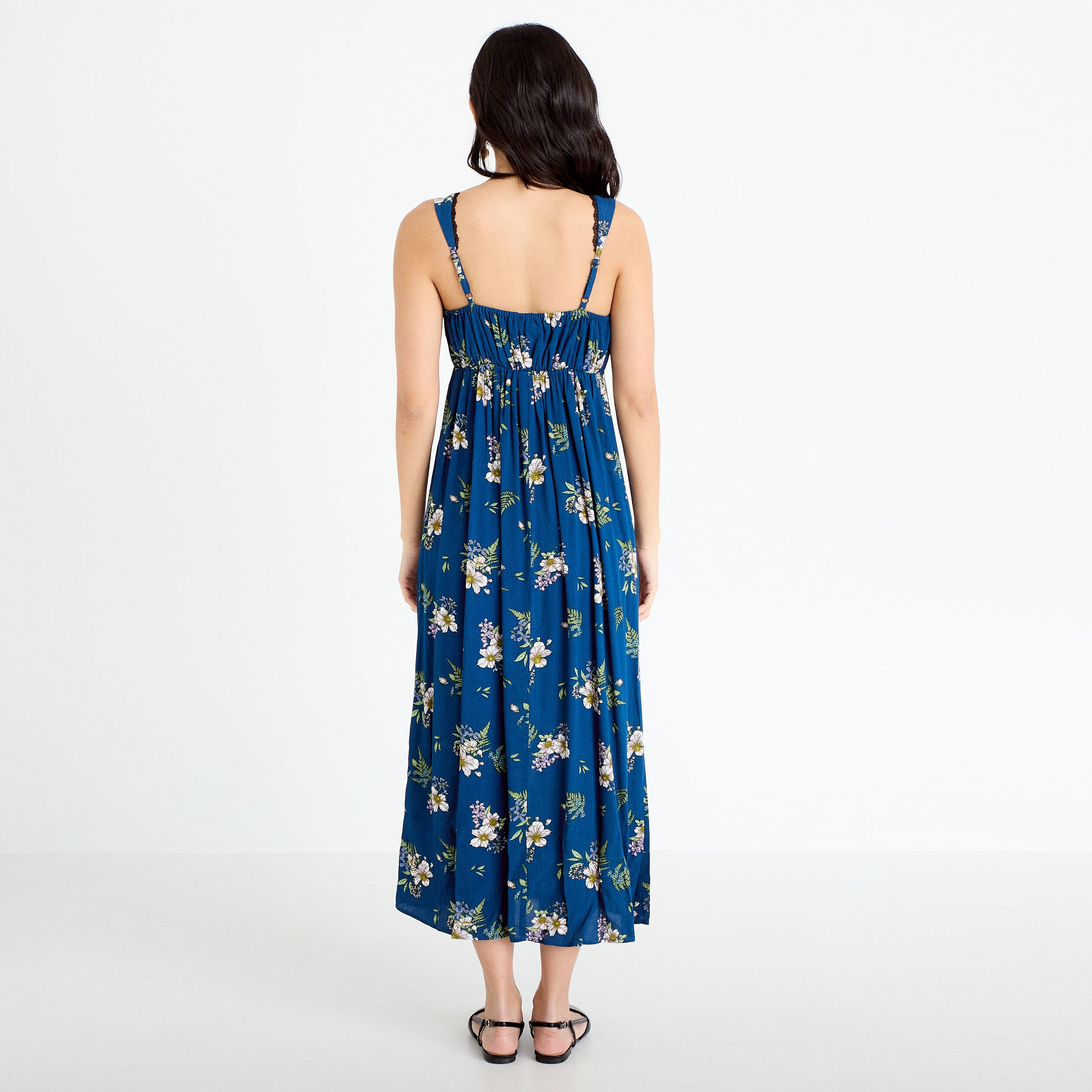 Robe longue &eacute;vas&eacute;e col coeur Bridgerton bleu fonc&eacute; femme