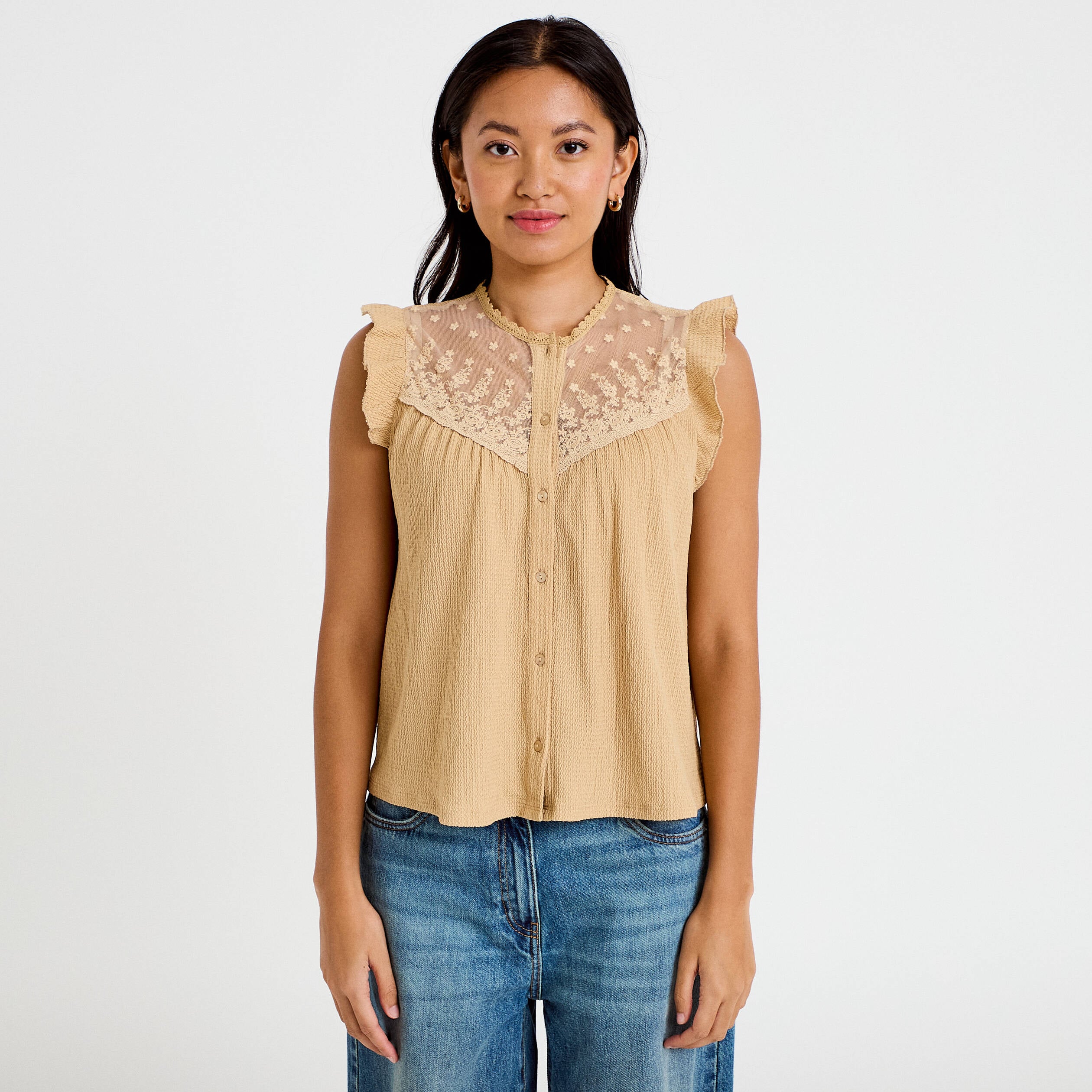 Blouse sans manches col rond beige femme
