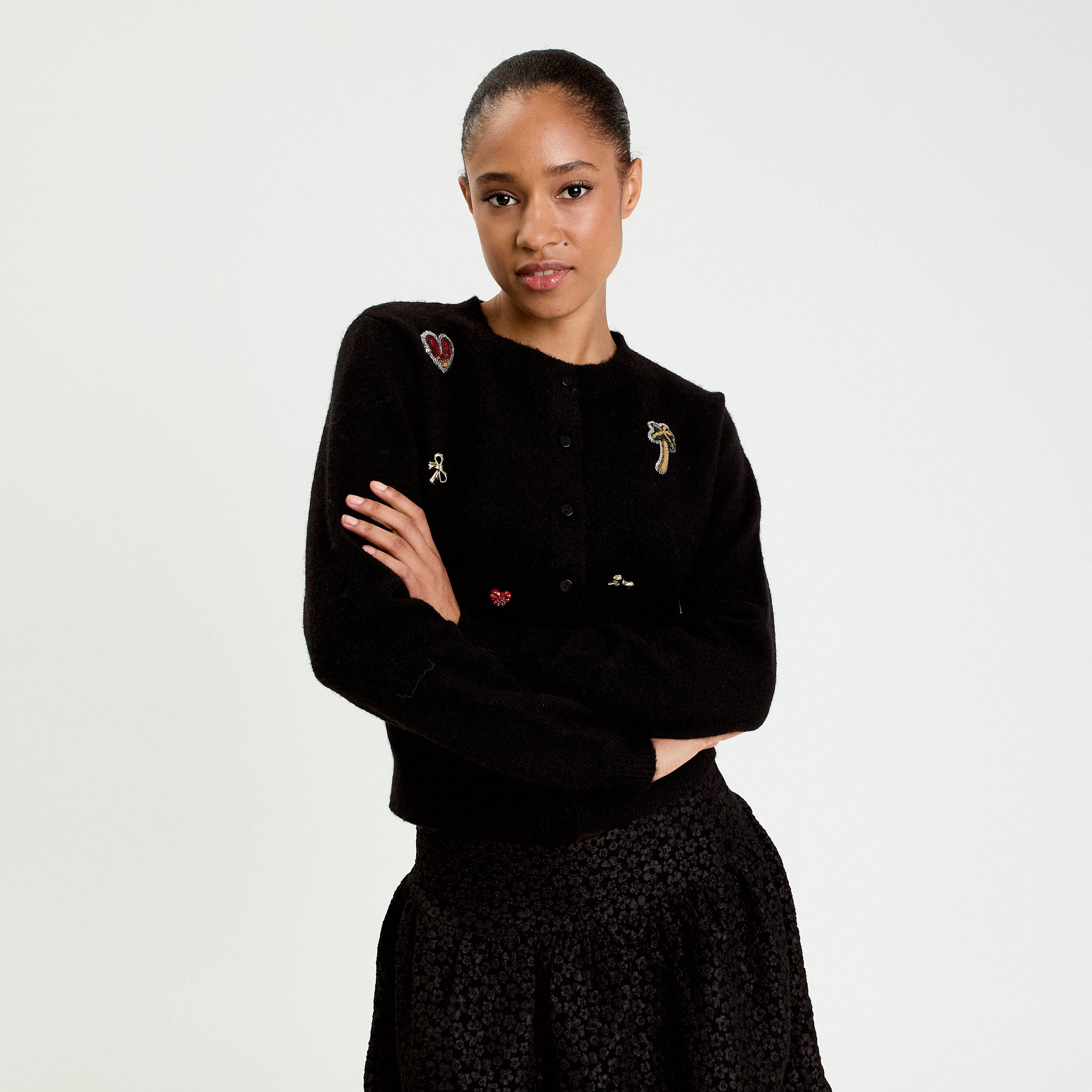 Gilet col rond manches longues noir femme