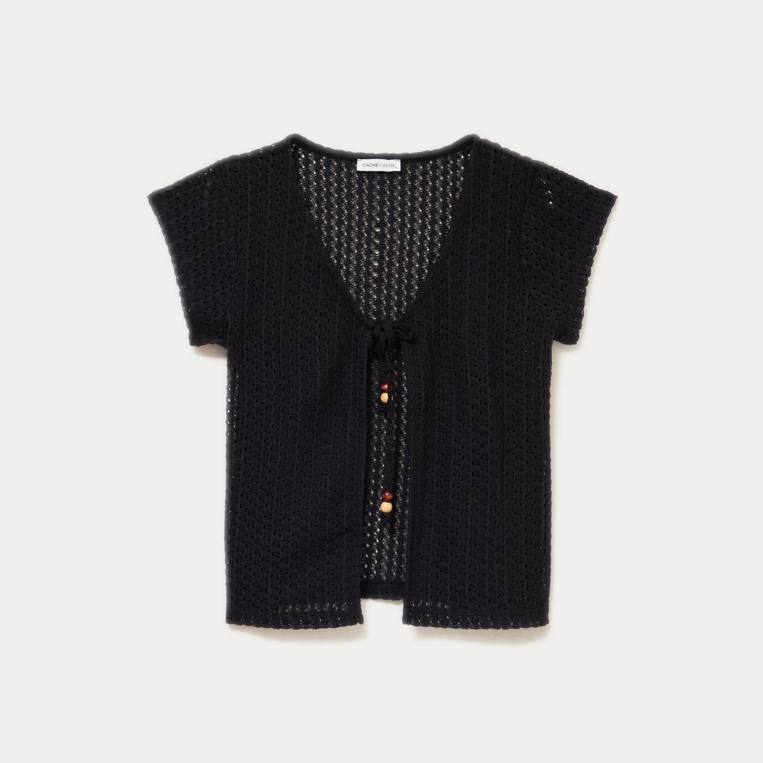 Gilet manches courtes aspect dentelle noir femme