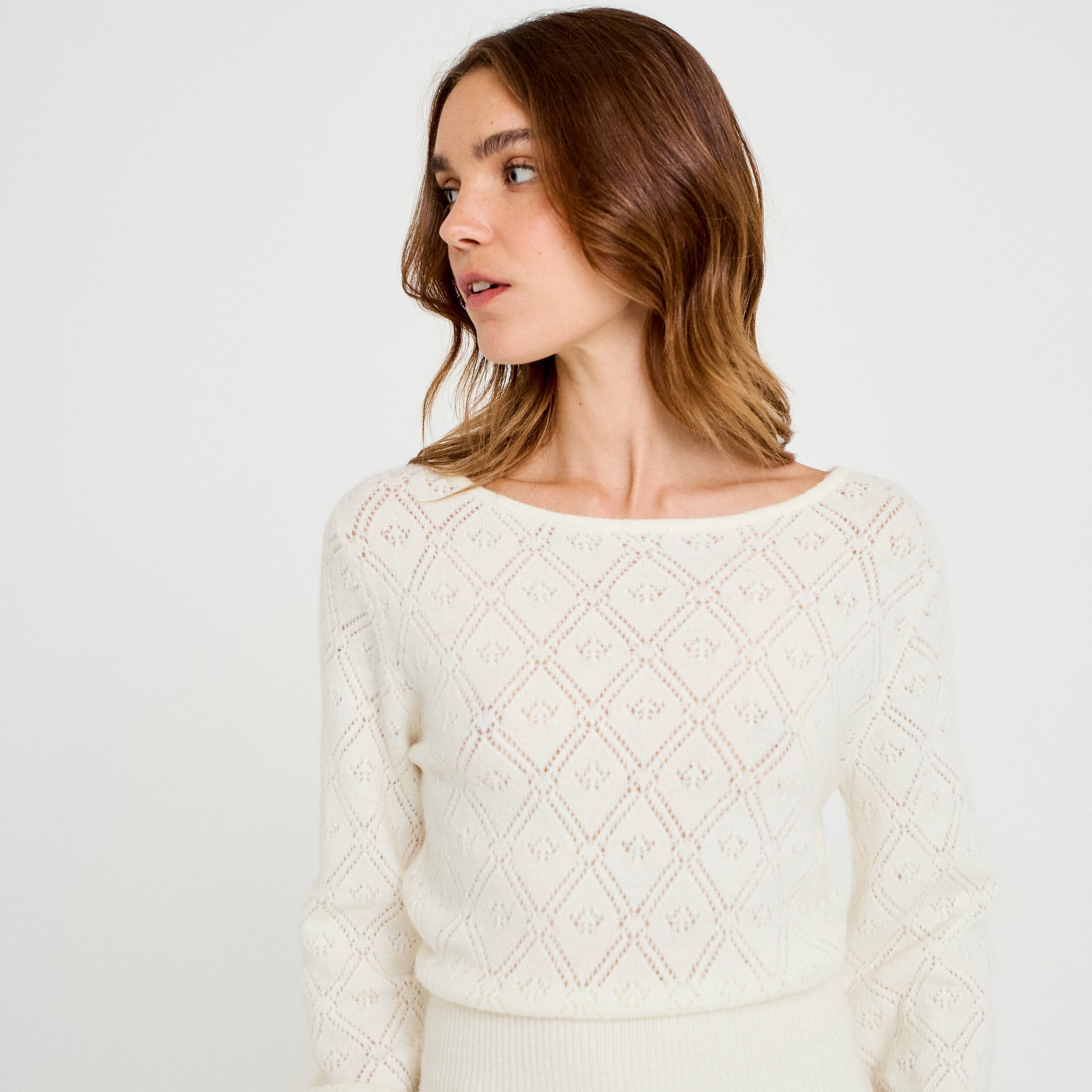 Pull ajour&eacute; col bateau manches longues ecru femme