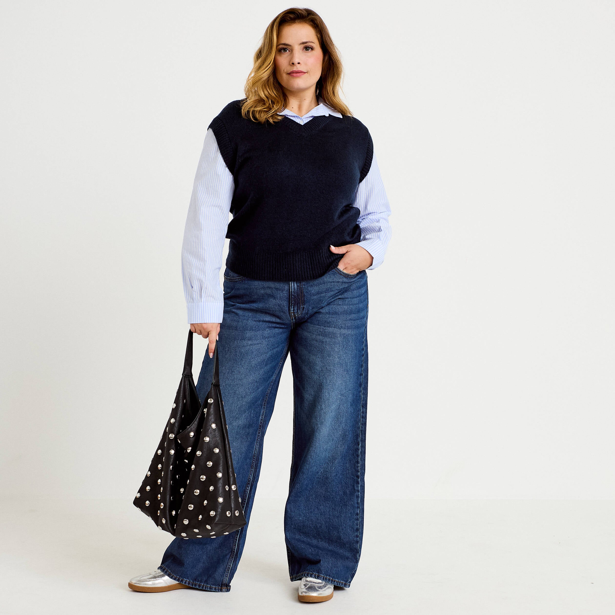 Jeans wide leg taille haute bleu fonc&eacute; femme