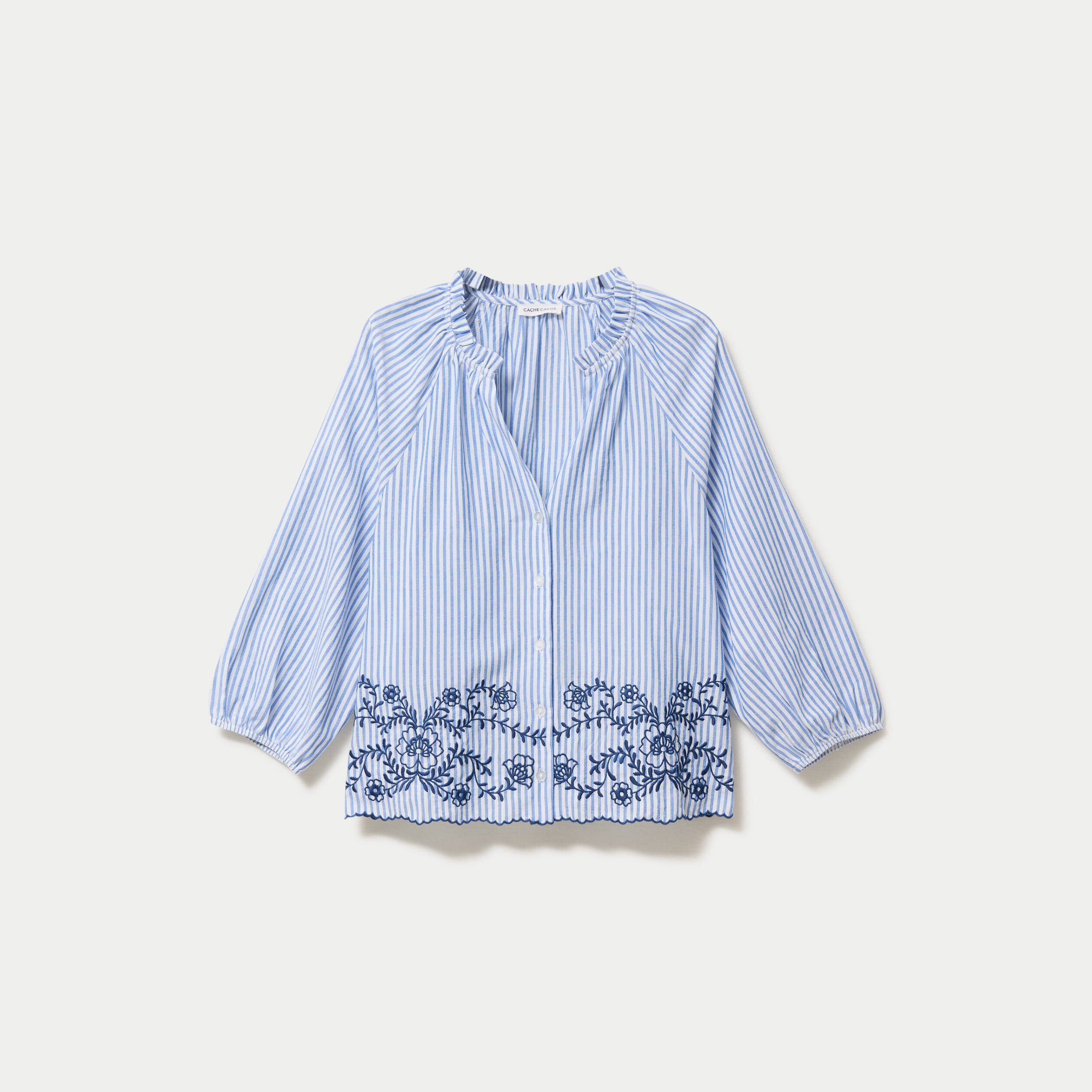 Blouse col v manches 3/4 brod&eacute;e bleu marine femme
