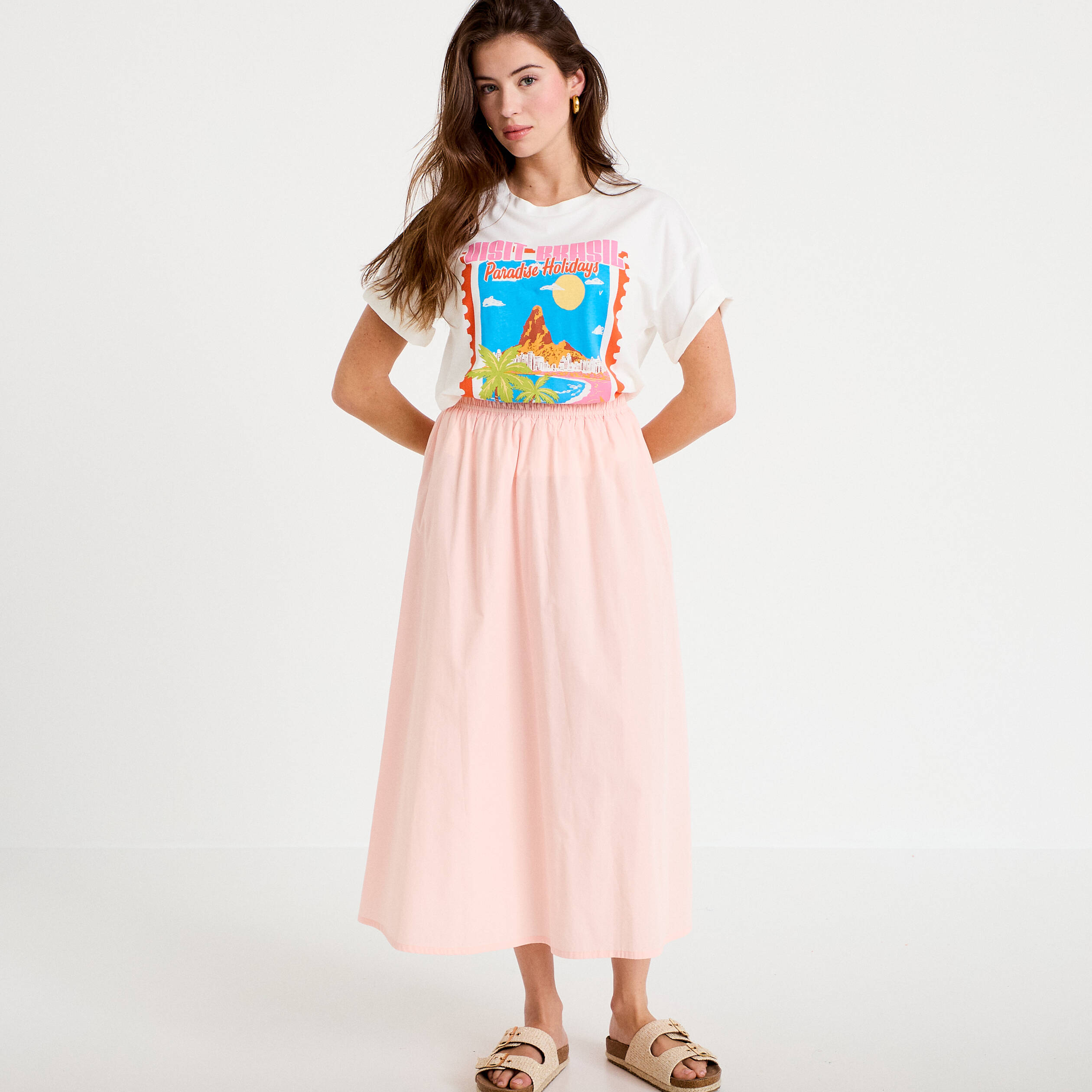 Jupe longue &eacute;vas&eacute;e taille haute rose femme