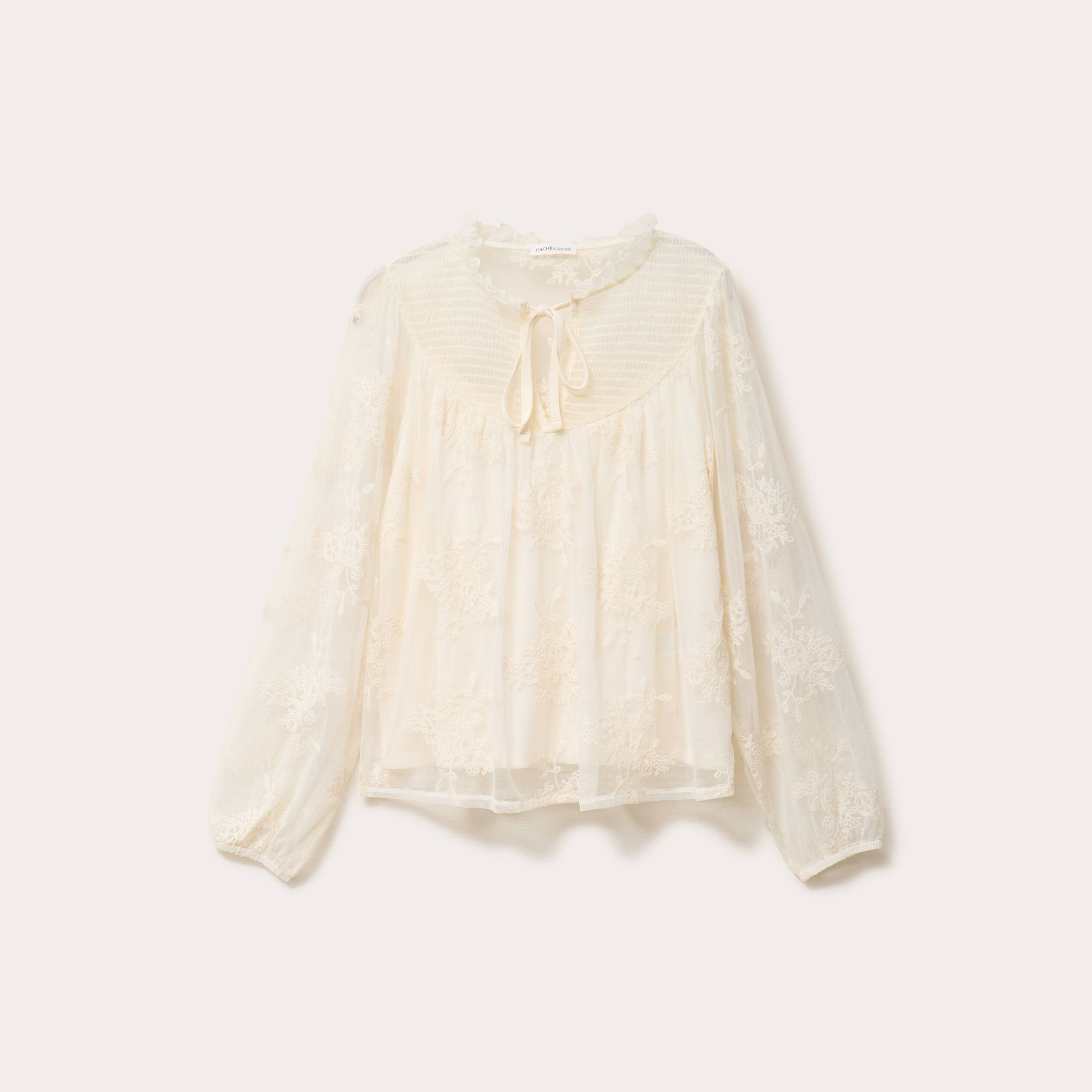 Blouse dentelle manches longues ecru femme
