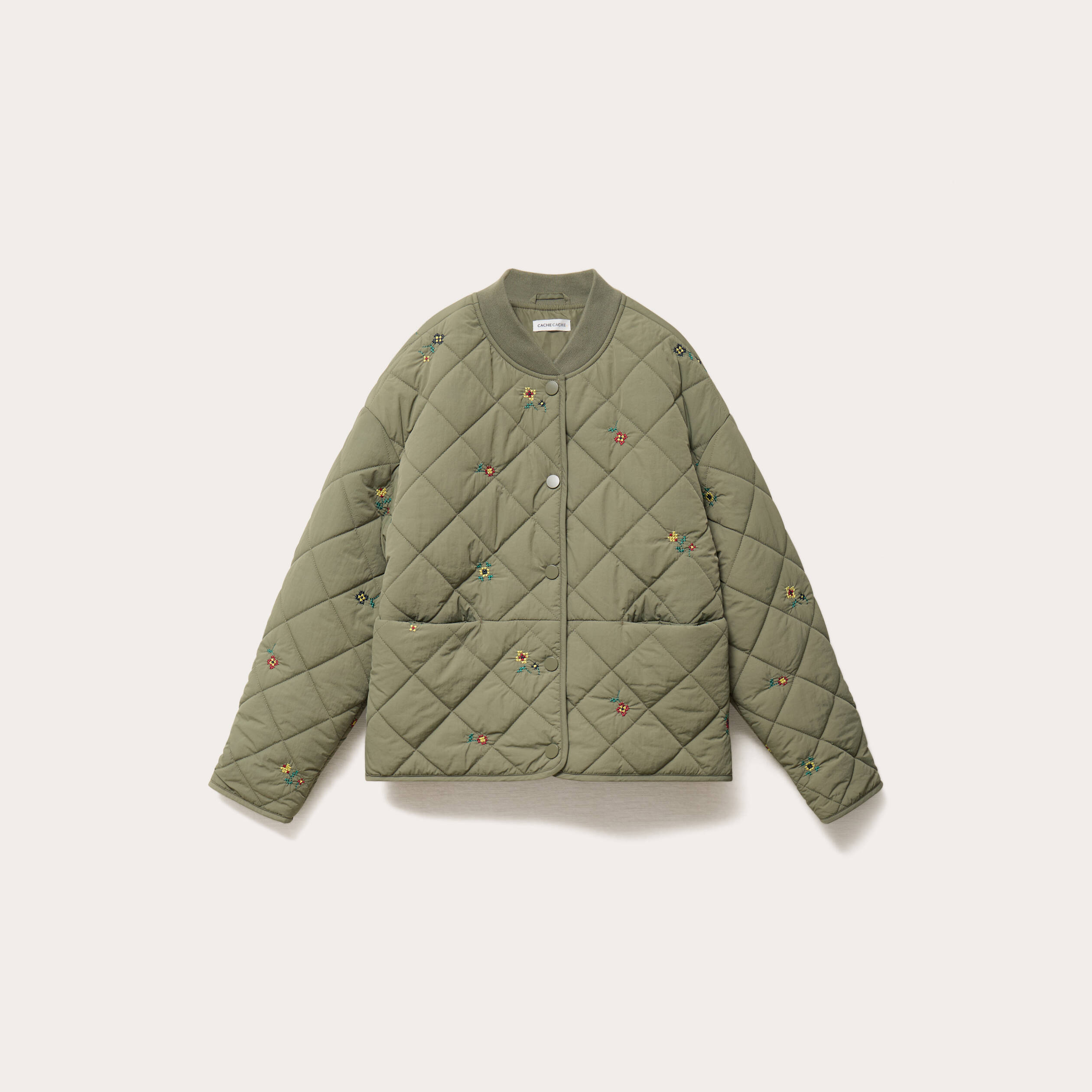 Veste matelass&eacute;e brod&eacute;e vert kaki femme
