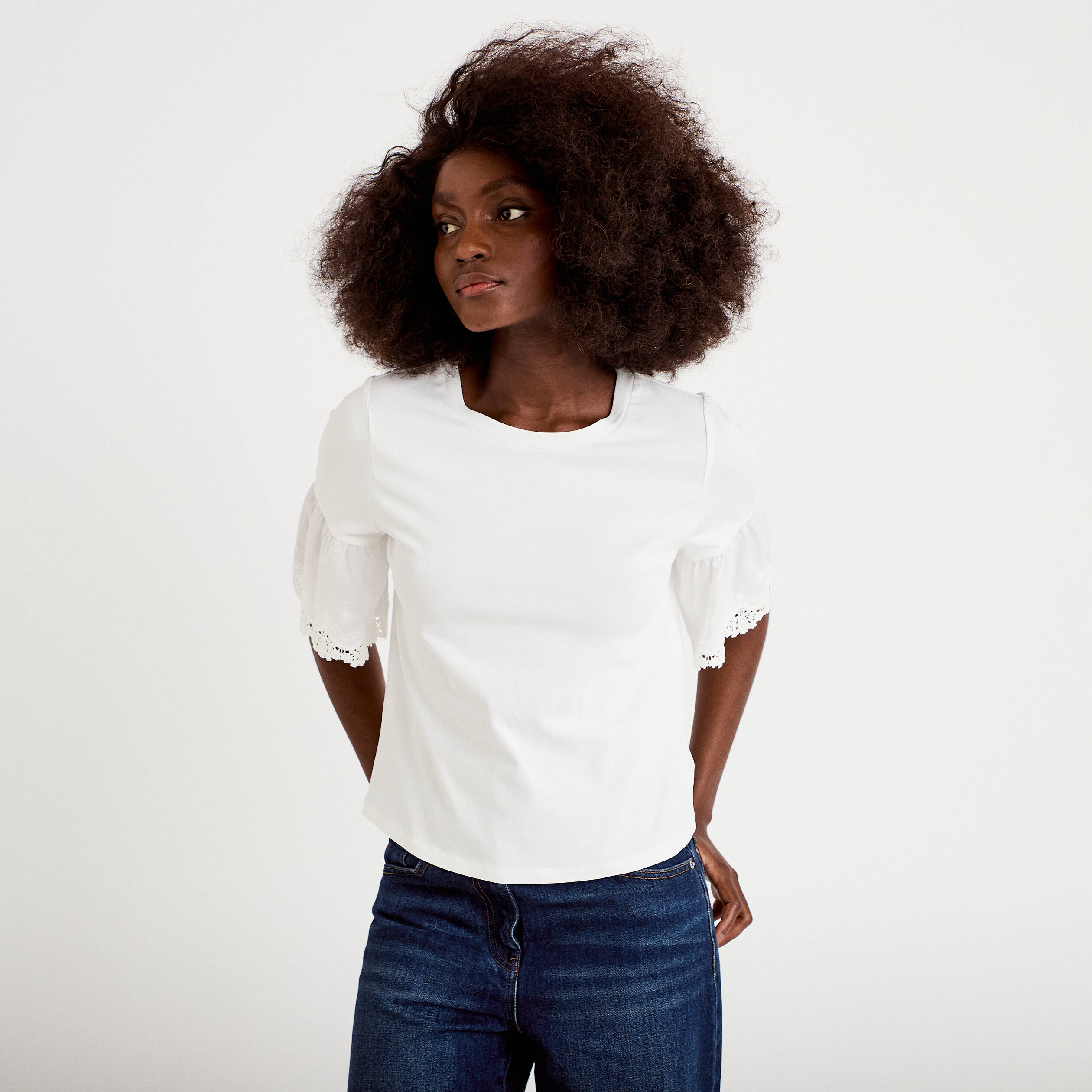 T-shirt broderie manches courtes ecru femme