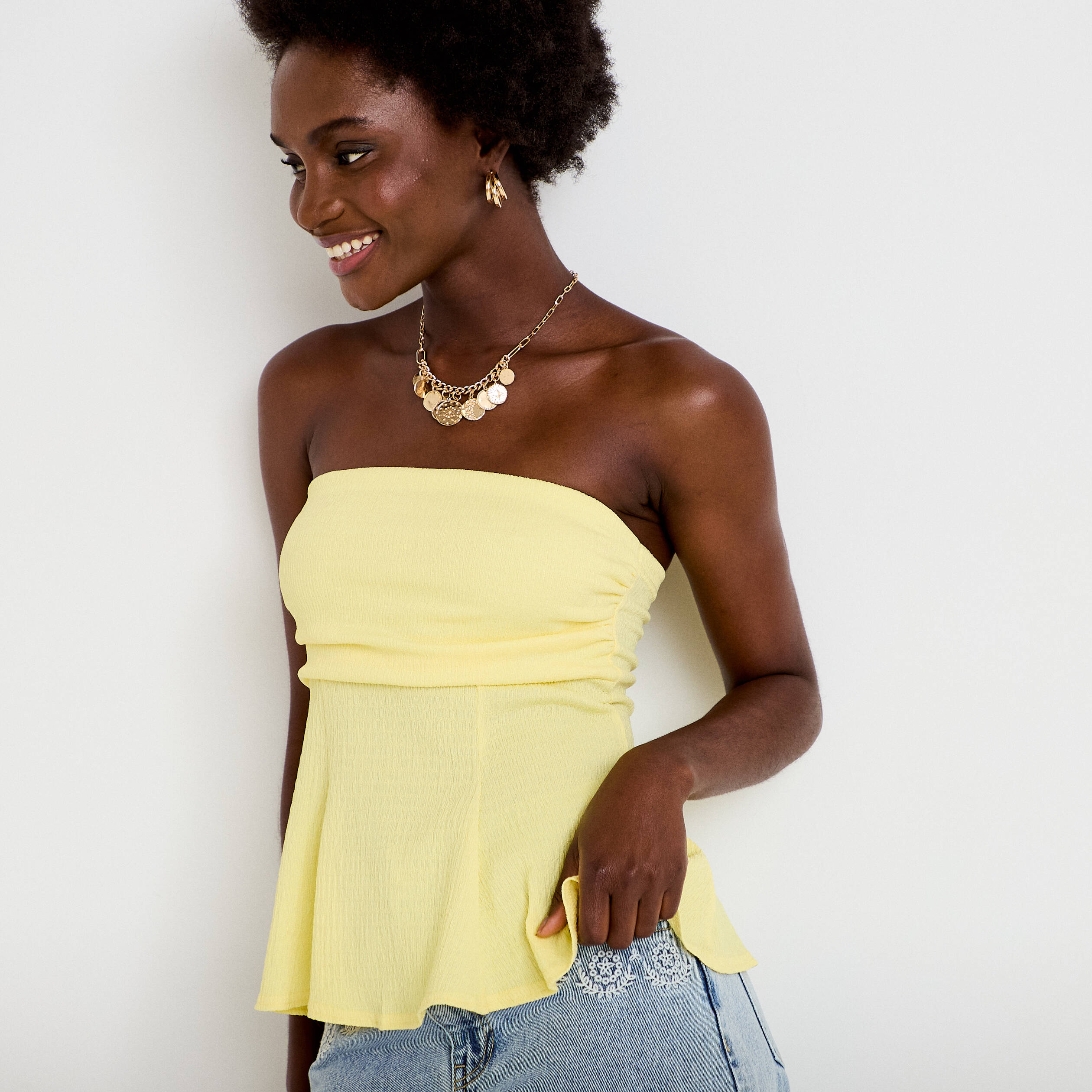Bustier p&eacute;plum ajust&eacute; cropped pliss&eacute; jaune pastel femme