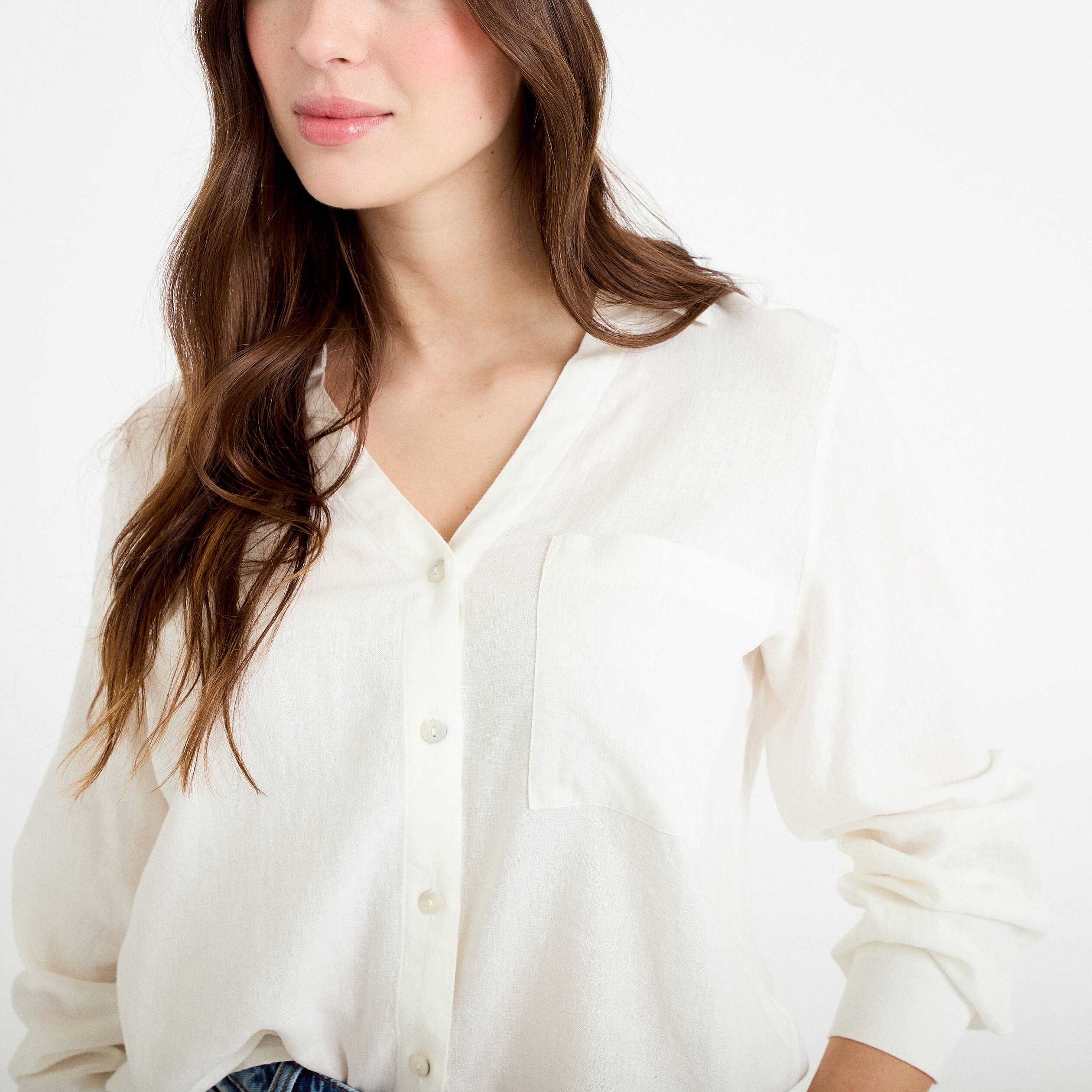 Chemise lin col V manches longues ecru femme