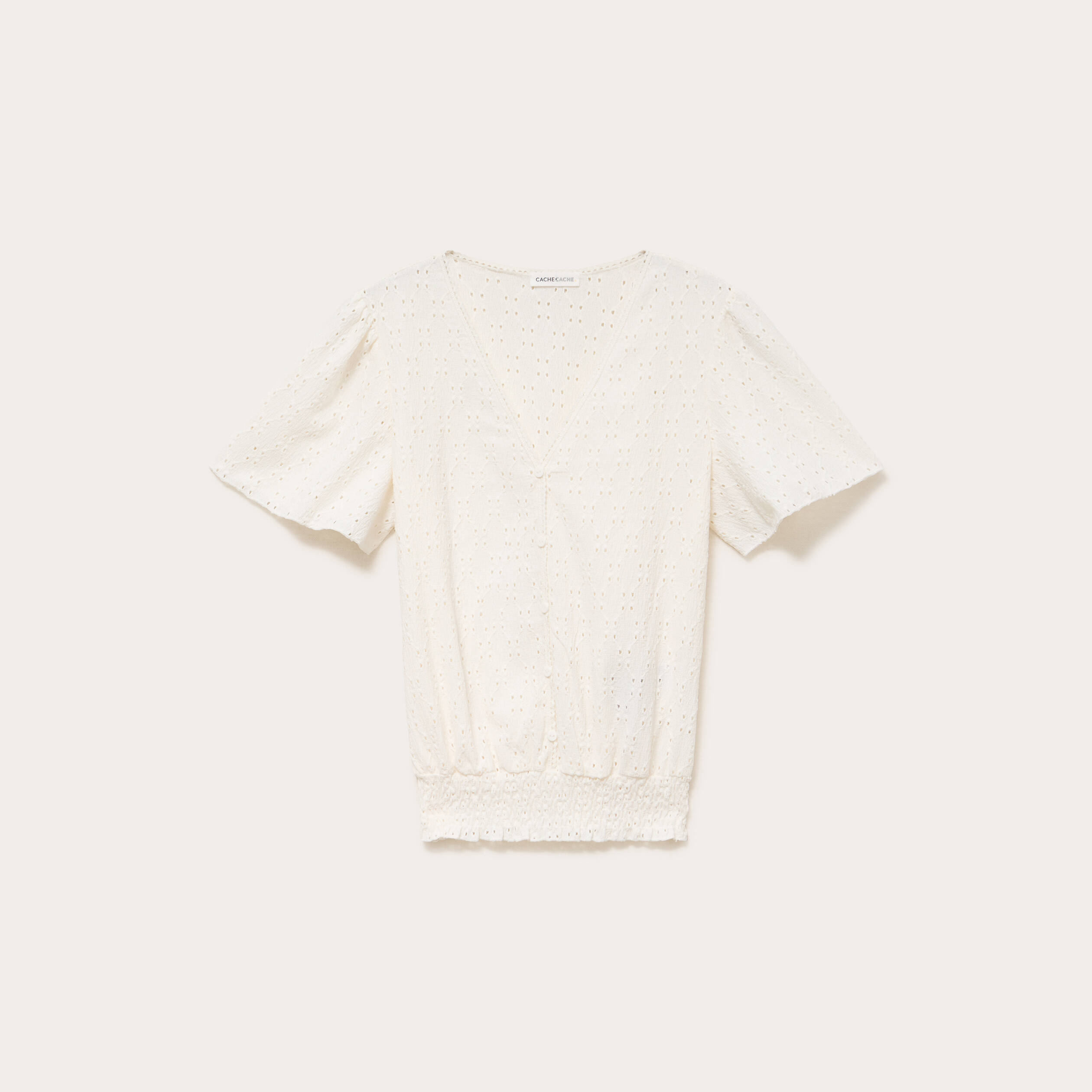 Blouse ajour&eacute;e col v manches courtes ecru femme