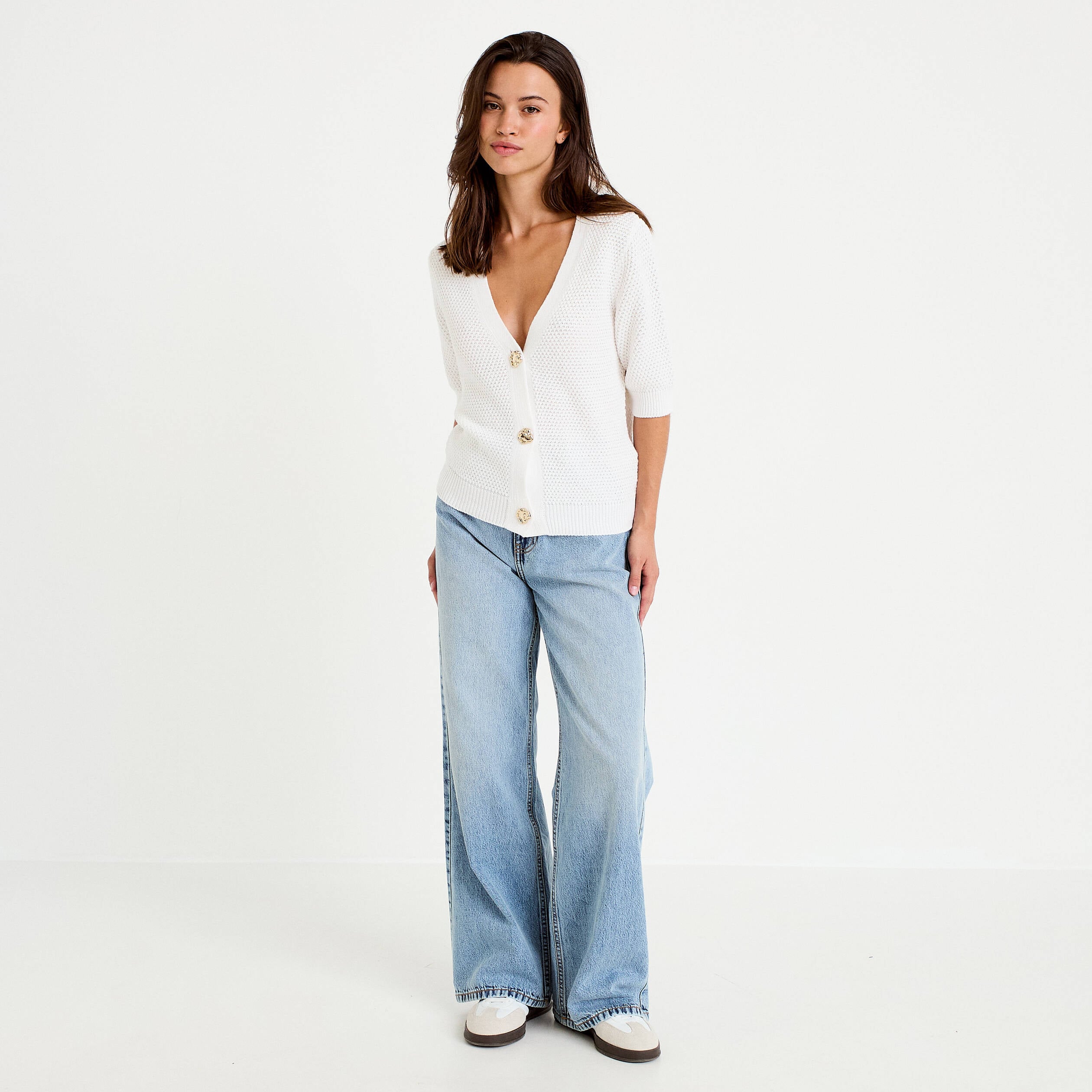 Gilet col v manches courtes ecru femme