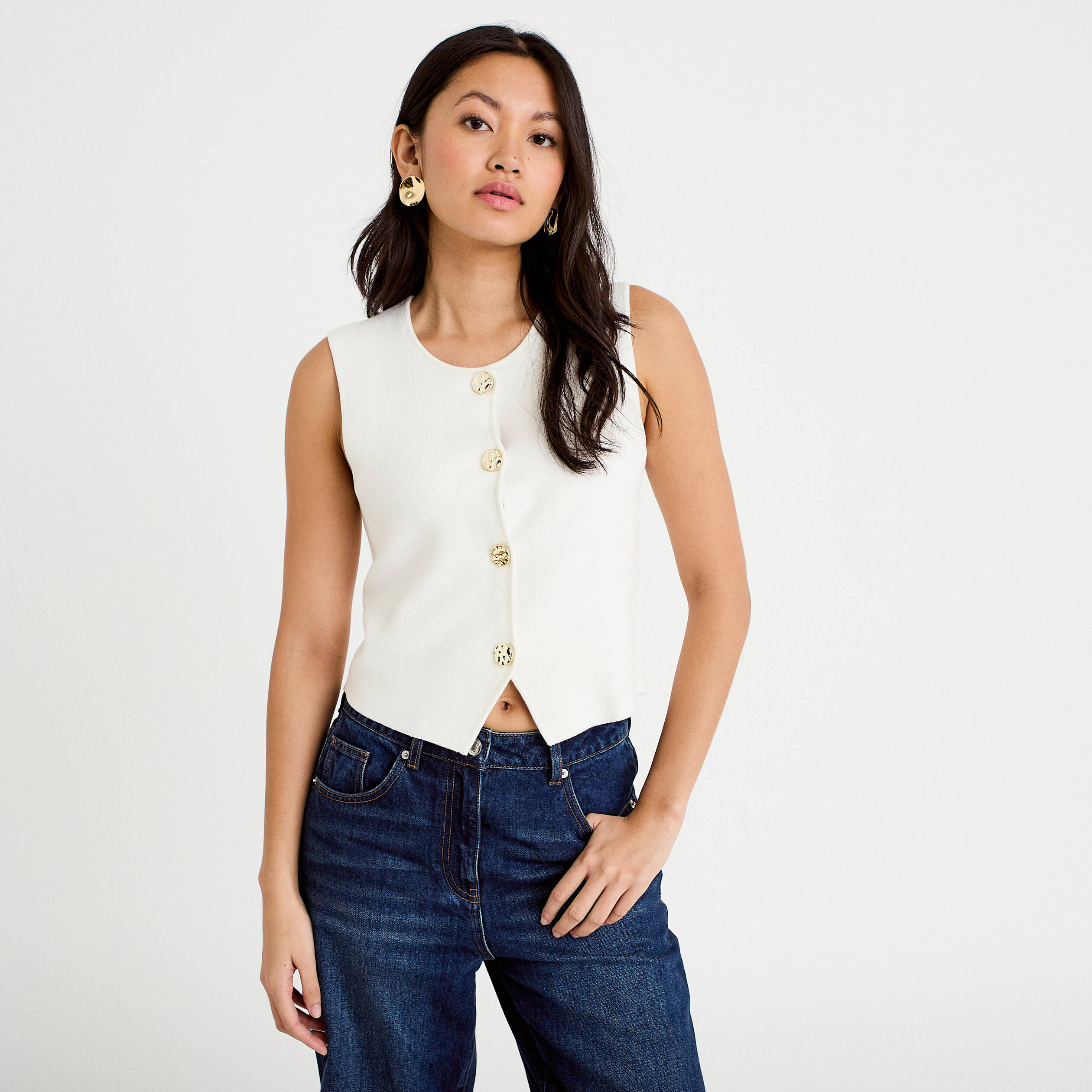Gilet sans manches cropped ecru femme