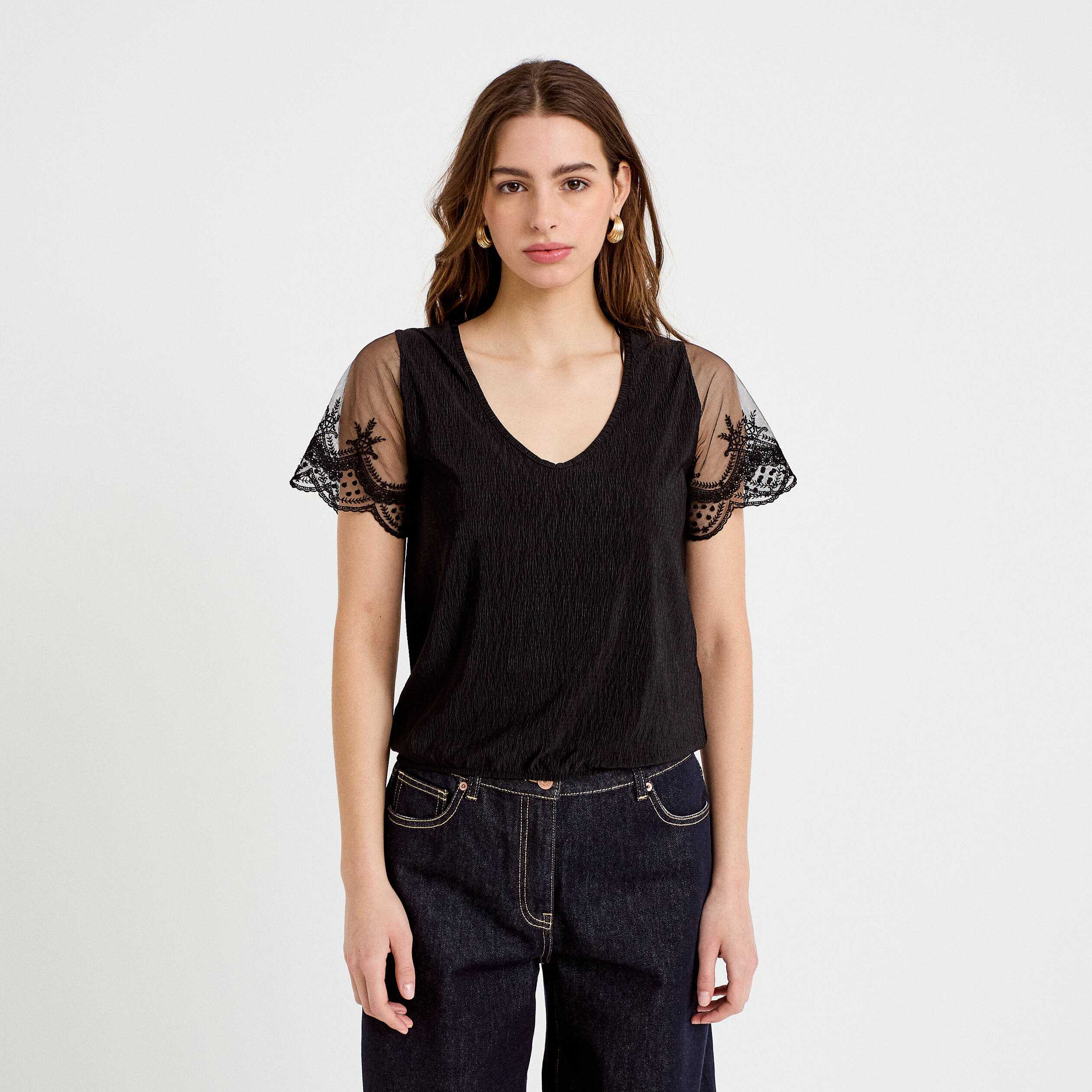 Blouse col v manches courtes dentelle noir femme
