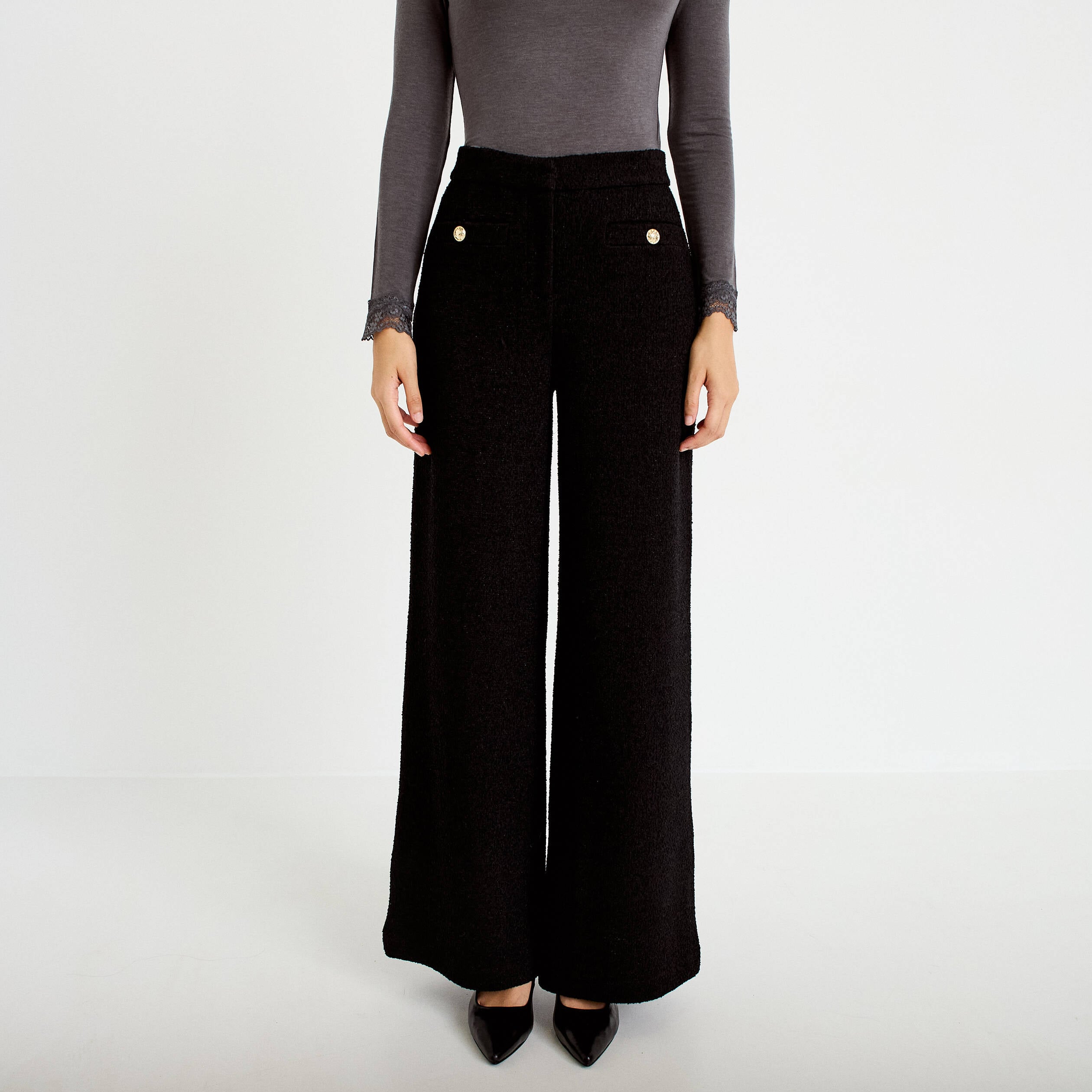 Pantalon bootcut en tweed noir femme