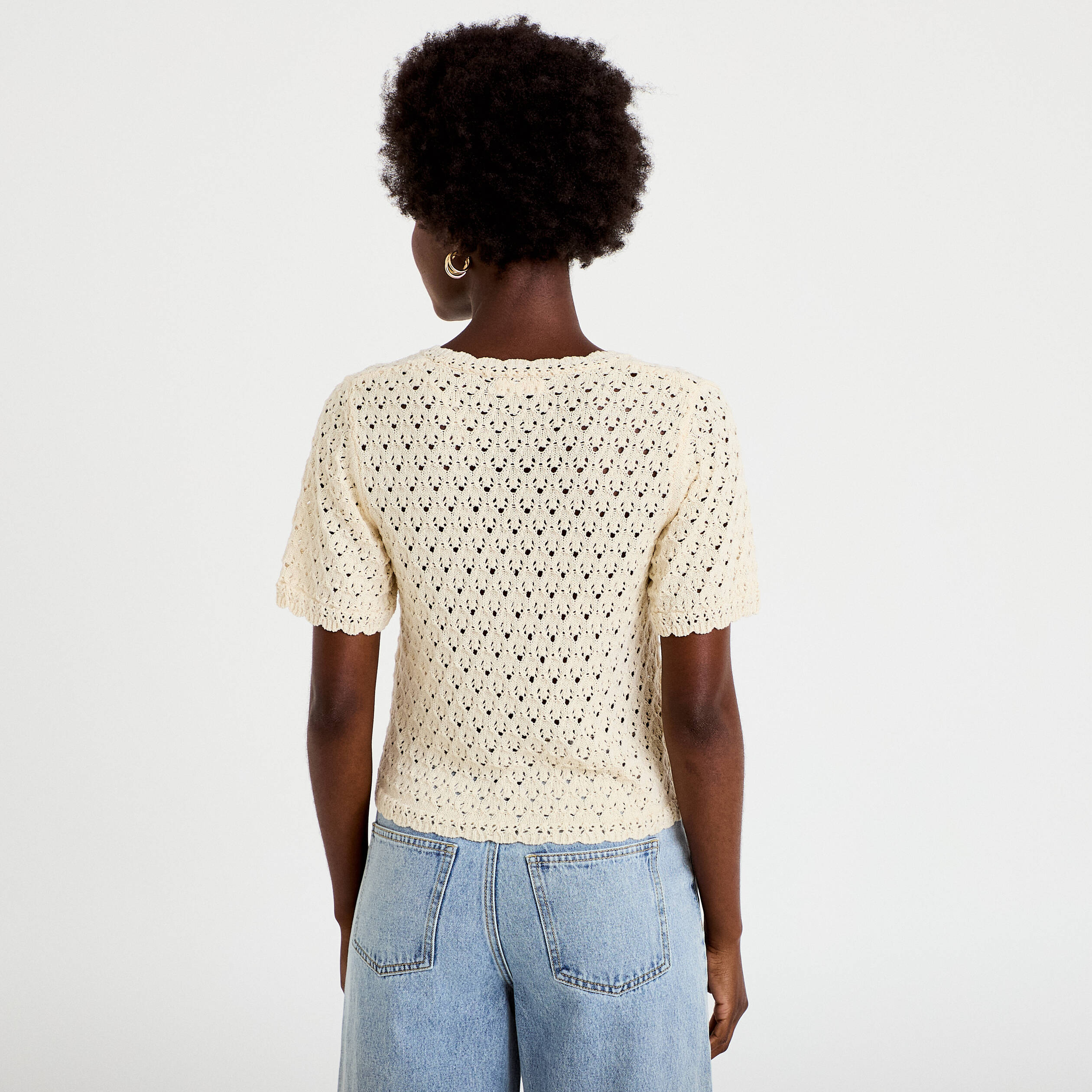 Gilet ajour&eacute; col v manches courtes ecru femme