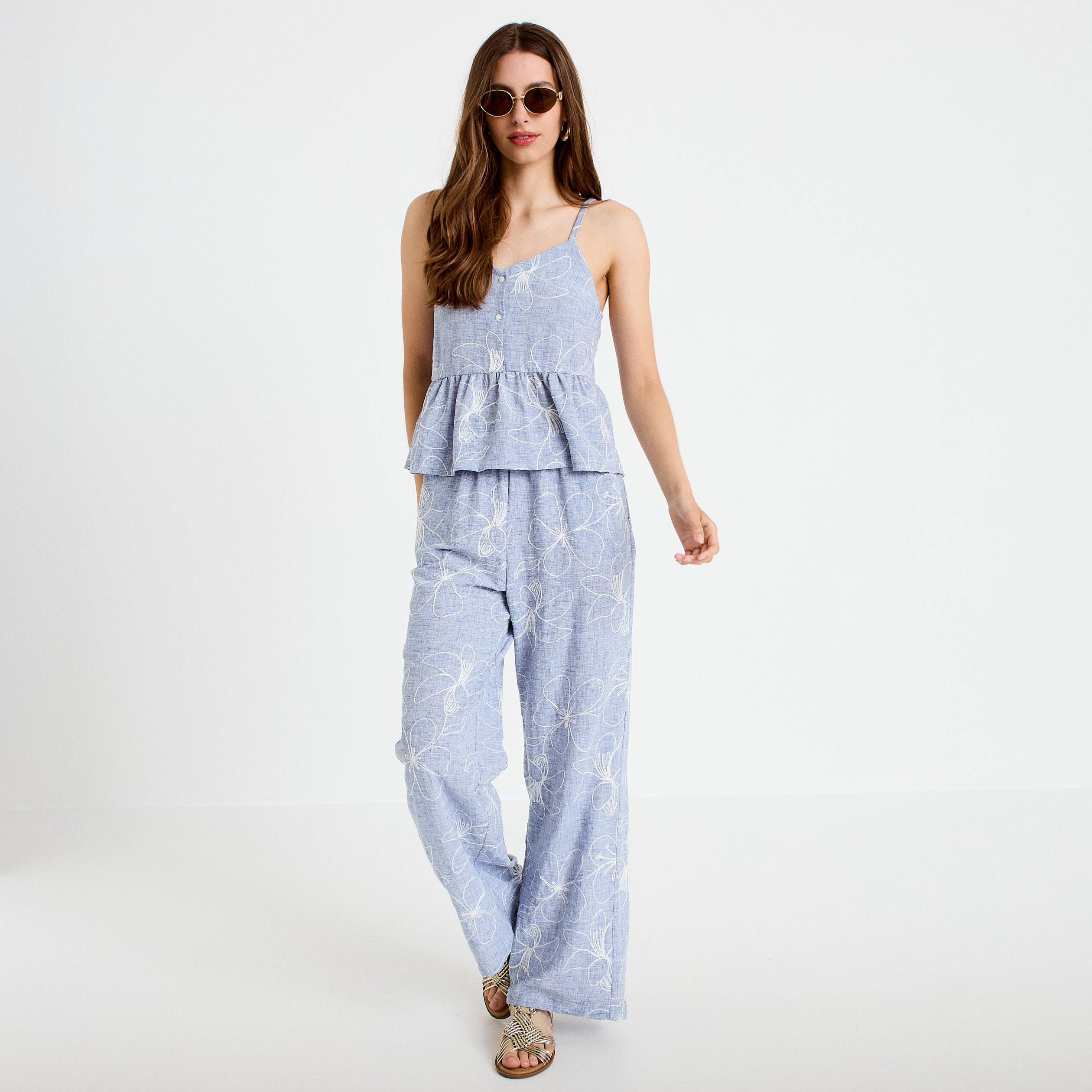 Pantalon large taille haute brod&eacute; bleu clair femme