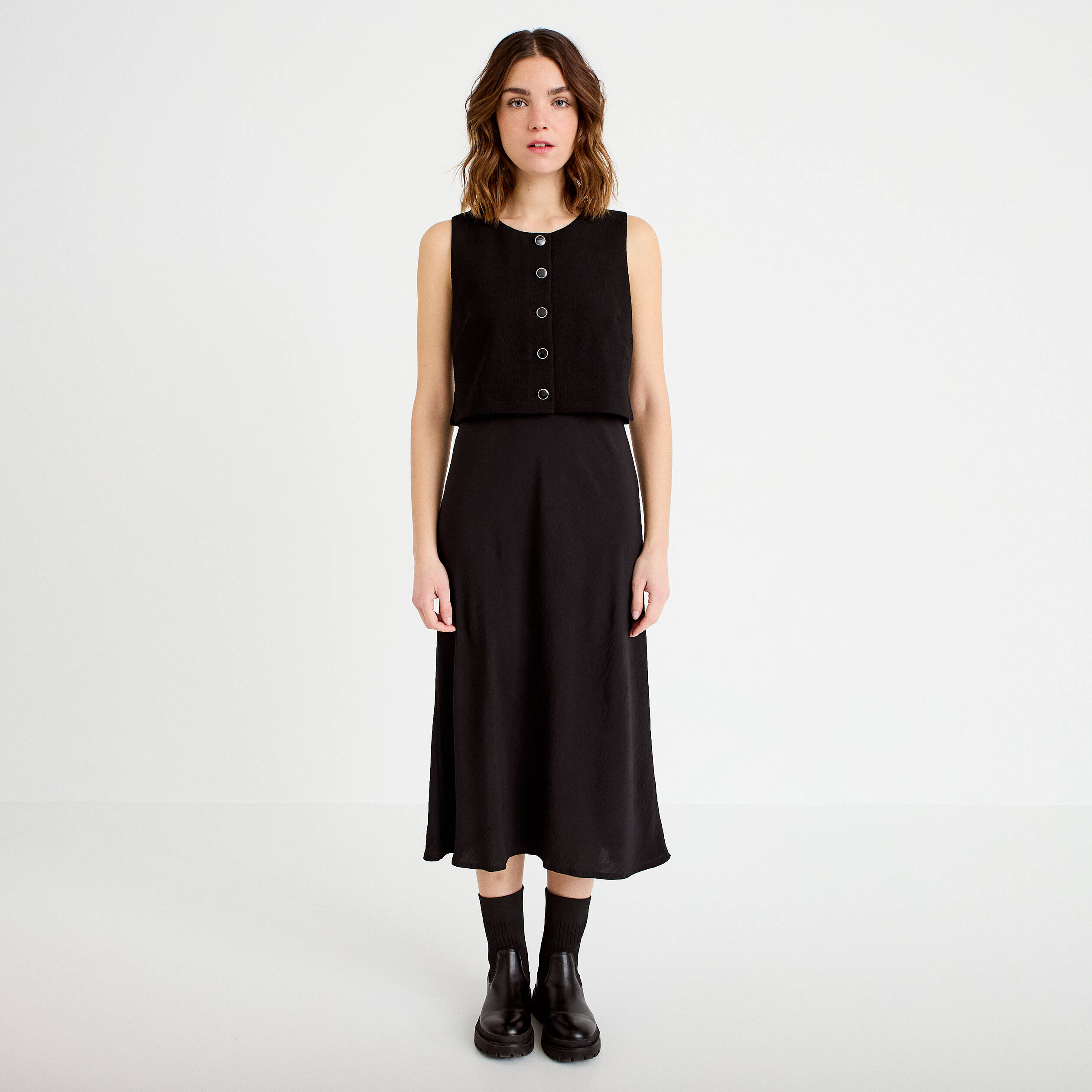 Robe bi-mati&egrave;re droite sans manches noir femme