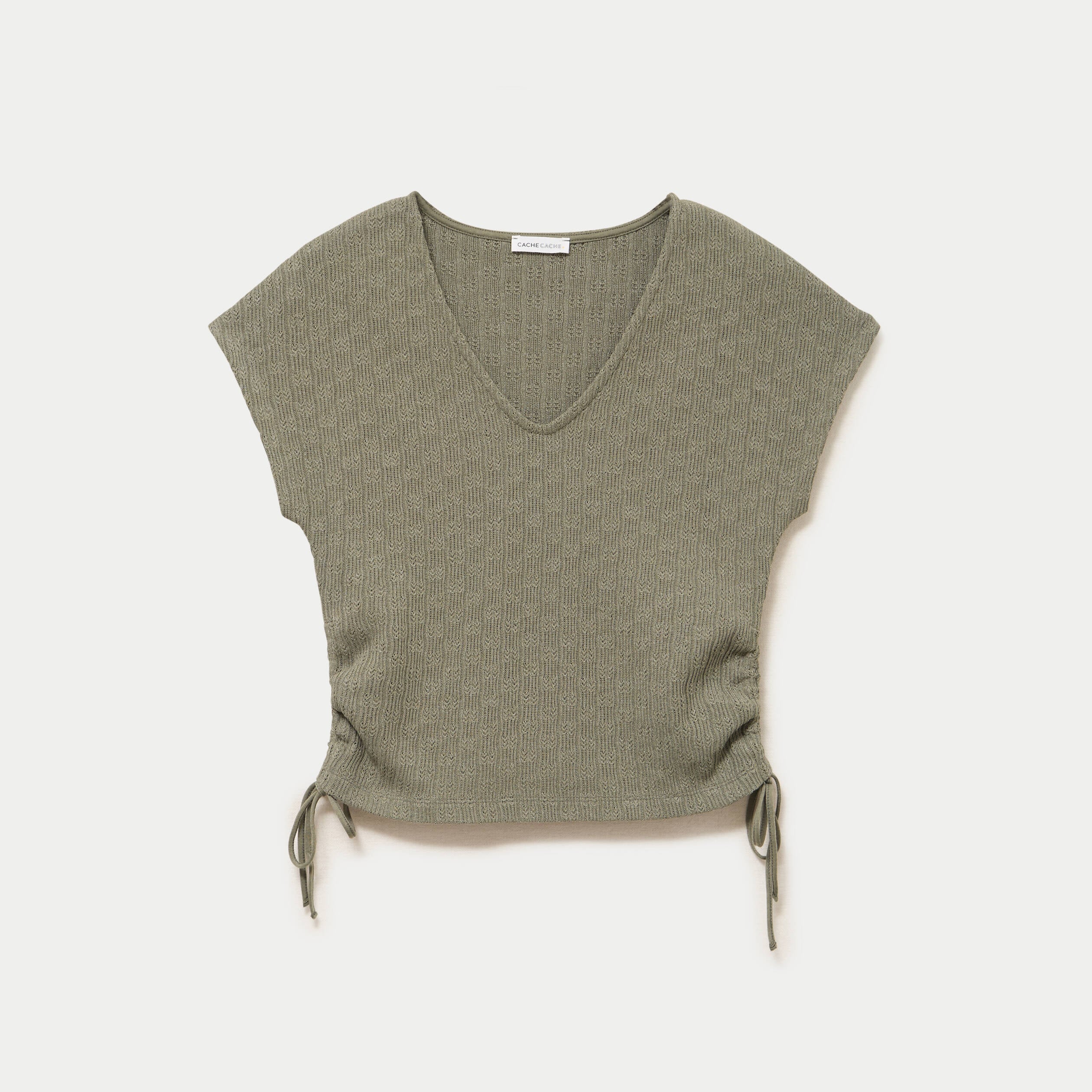 T-shirt ajour&eacute; d&eacute;tails cordons vert kaki femme