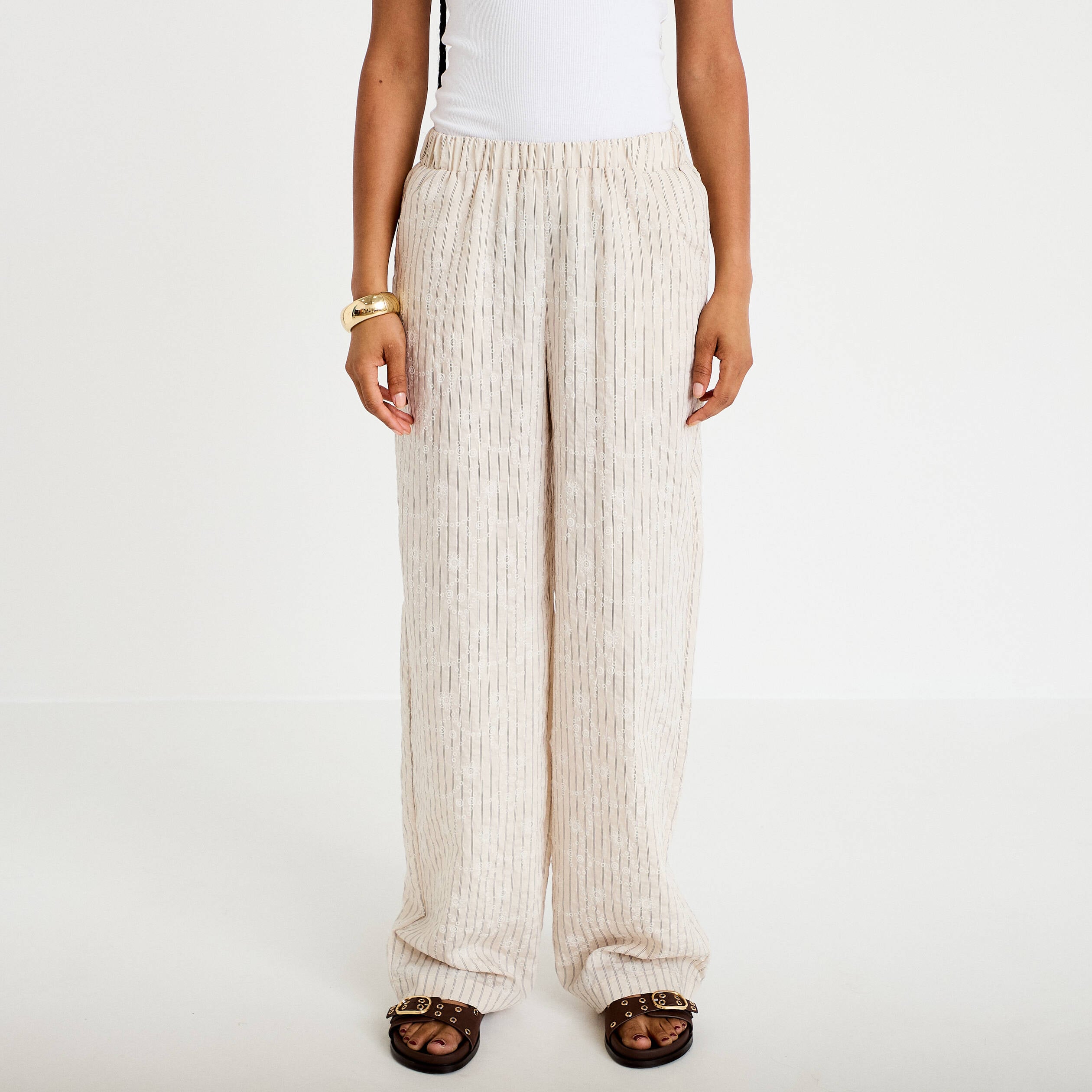 Pantalon large taille haute creme femme