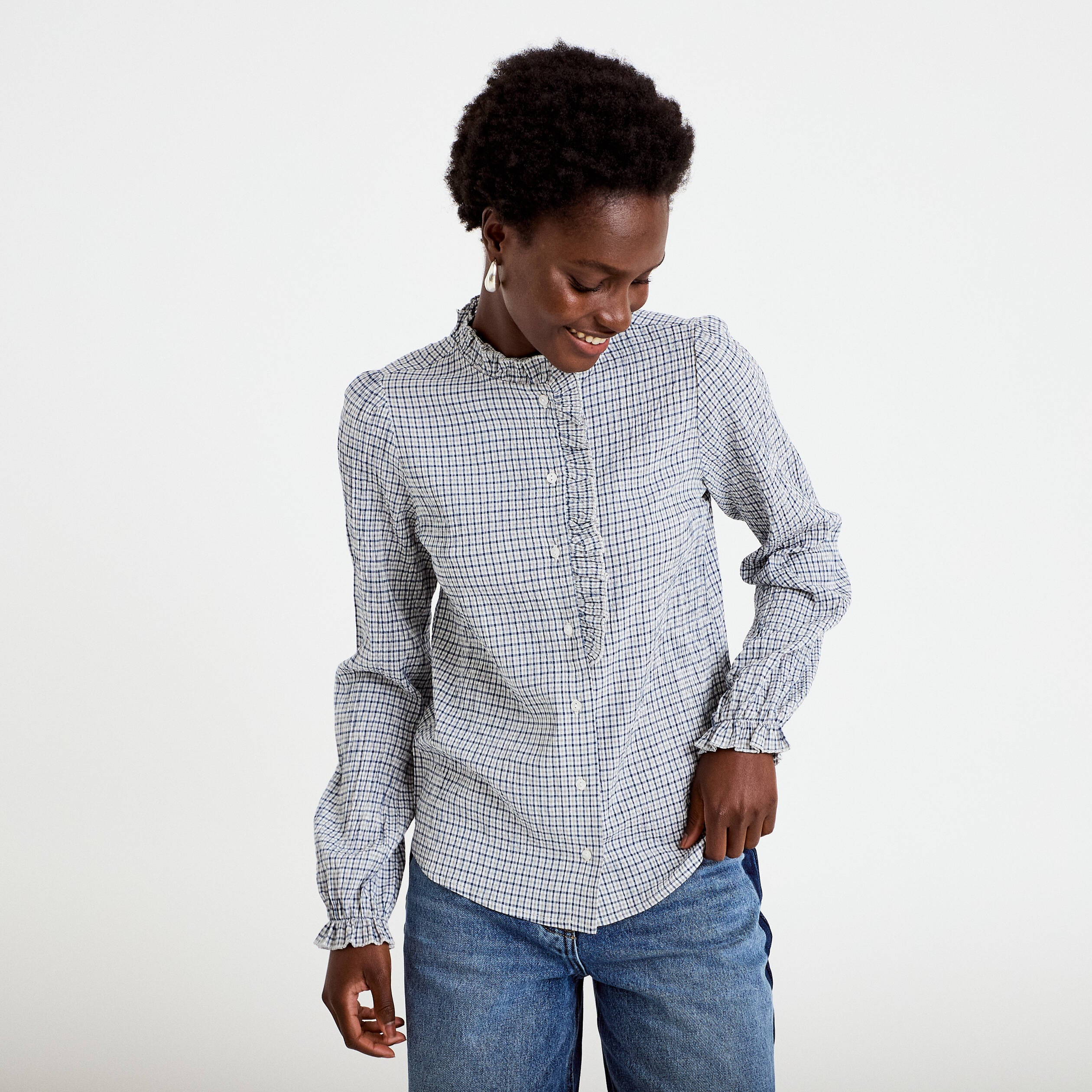 Chemise droite manches longues bleu fonc&eacute; femme