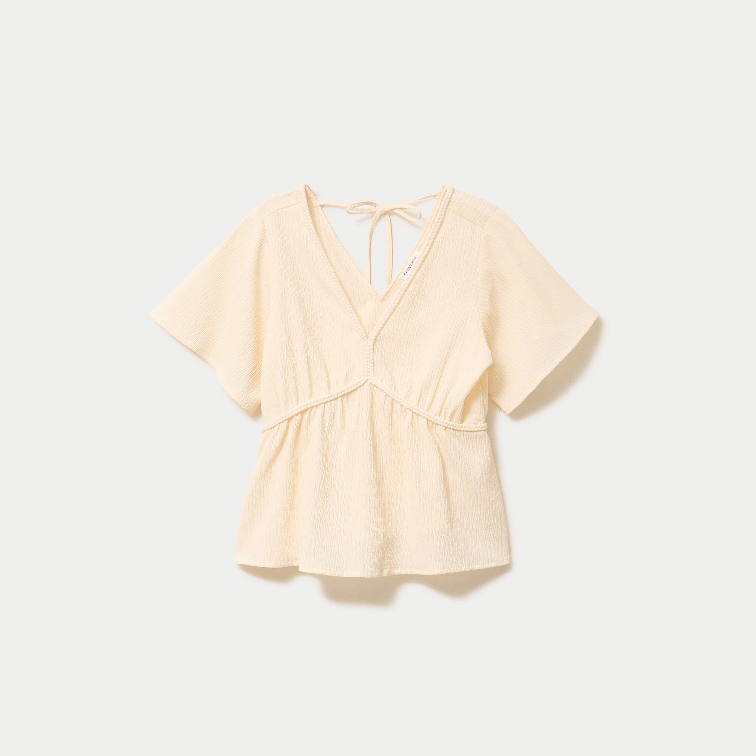 Blouse pliss&eacute;e col v manches courtes ecru femme