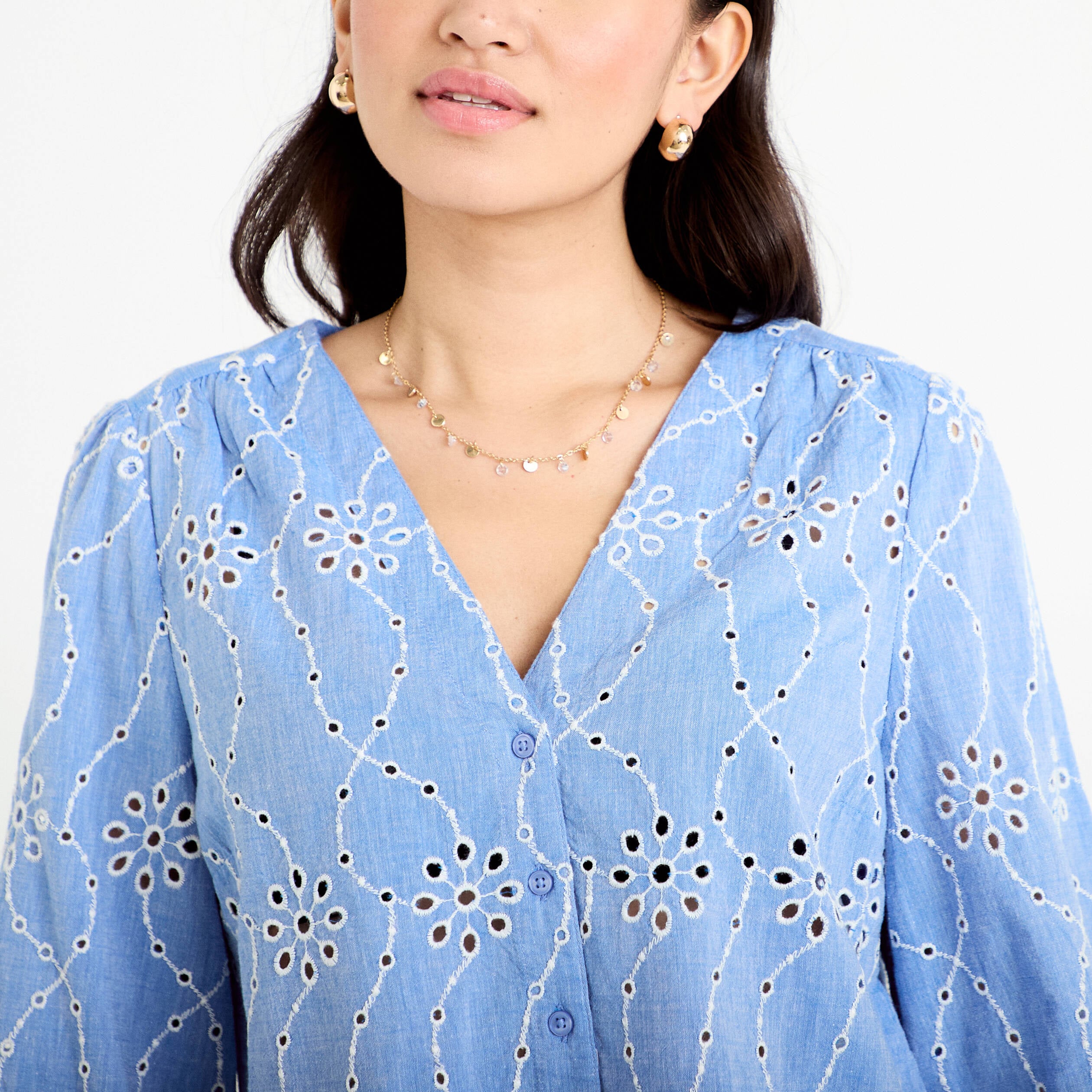 Blouse broderie anglaise bleu gris femme