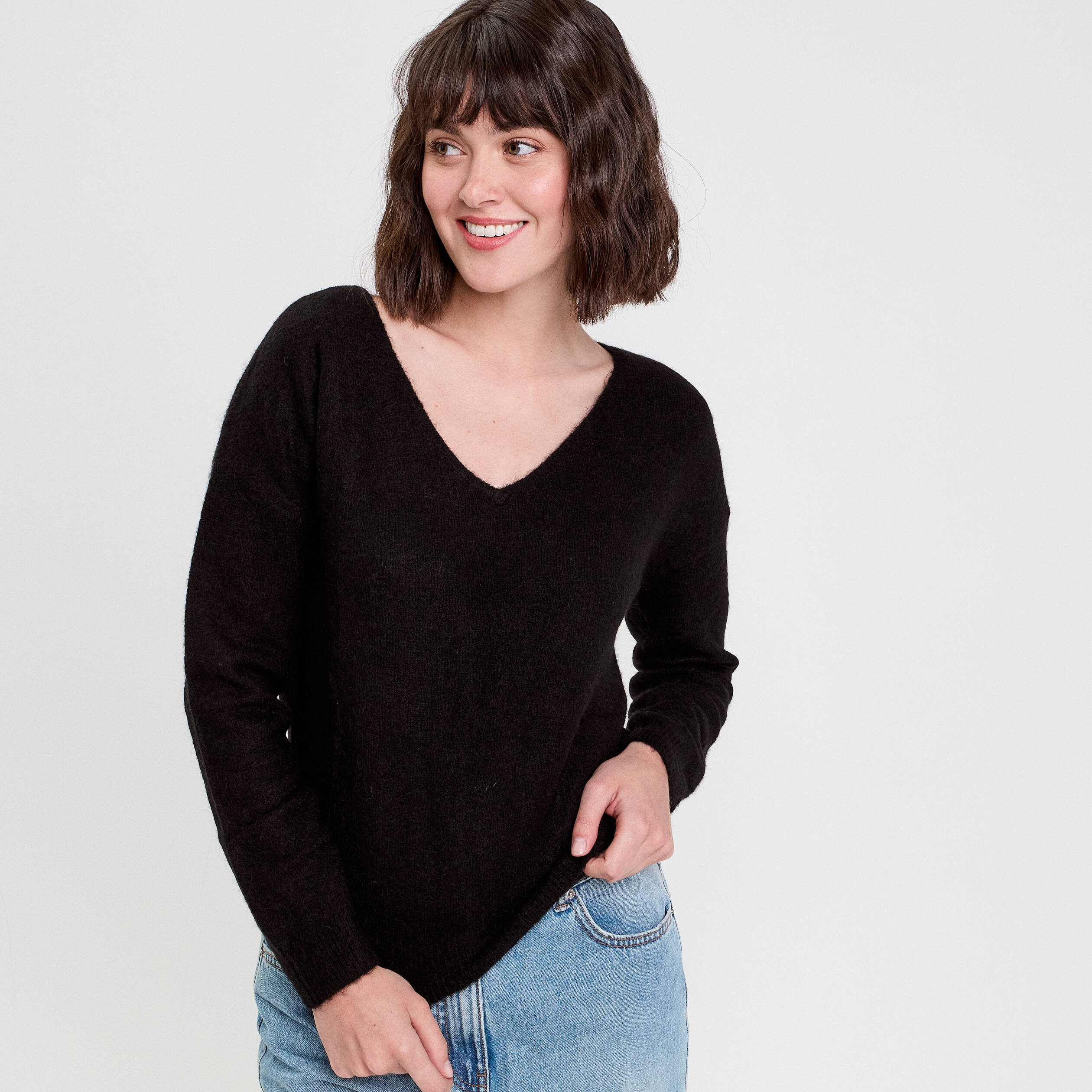 Pull avec col en V noir femme
