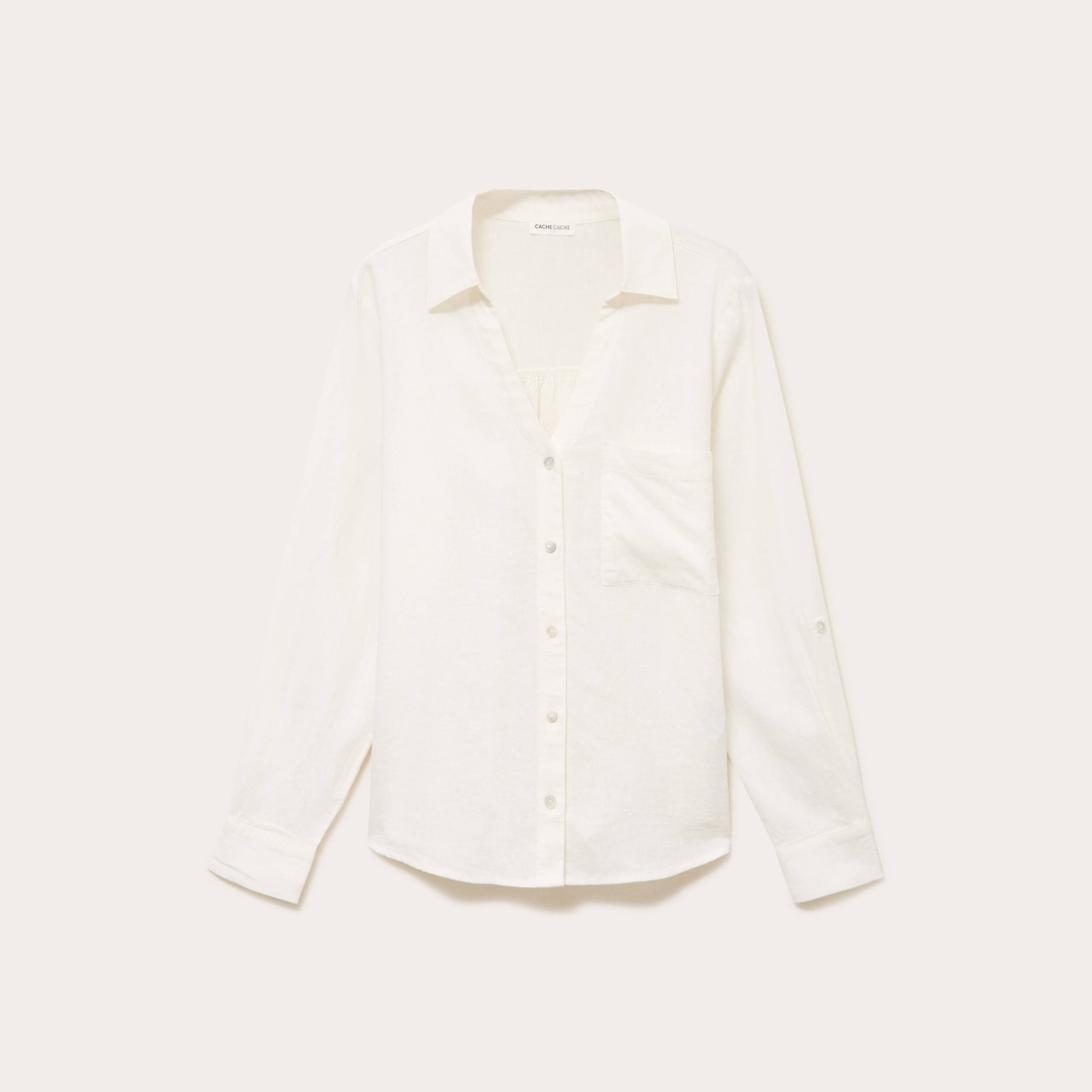Chemise lin col V manches longues ecru femme