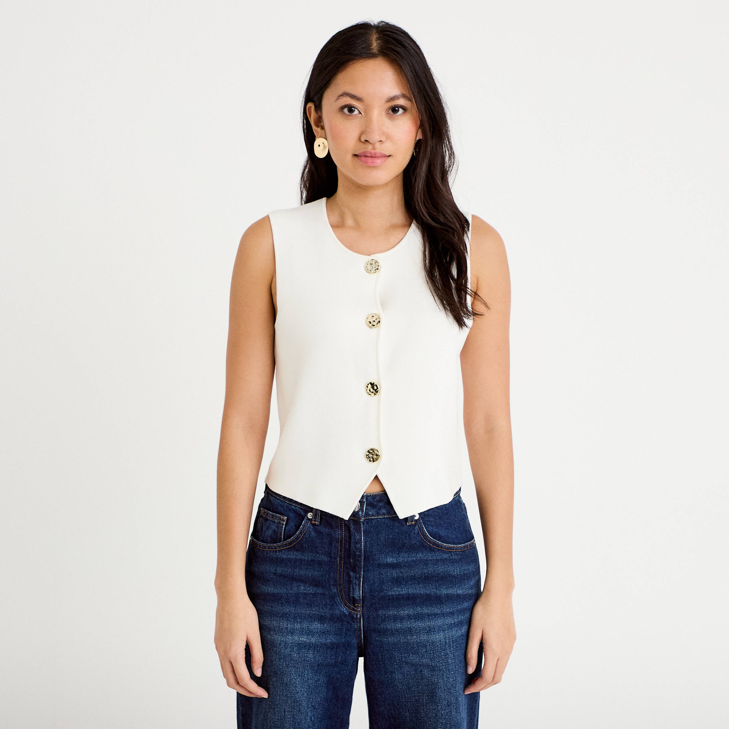 Gilet sans manches cropped ecru femme
