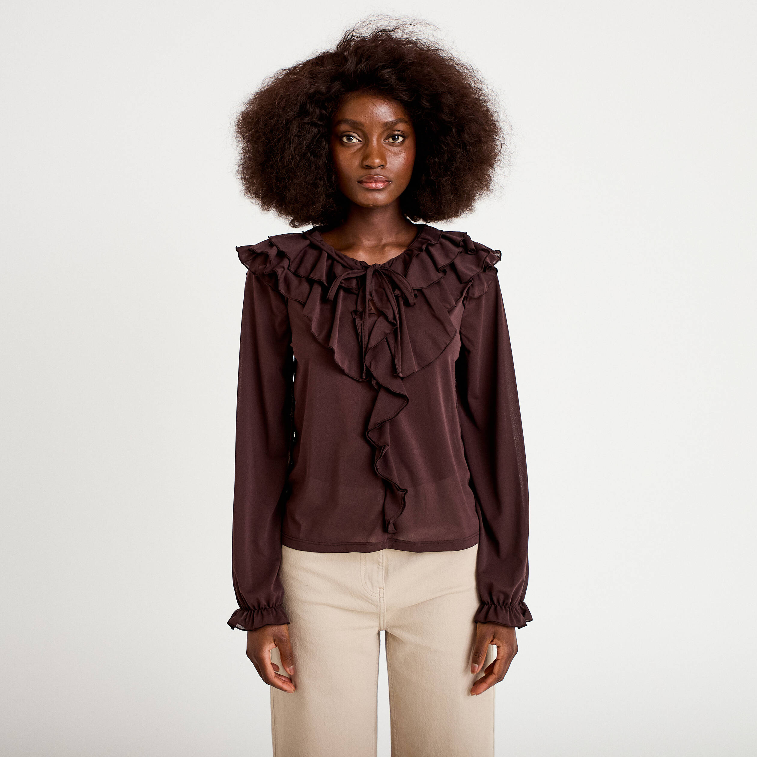Blouse ample col v manches longues bordeaux femme