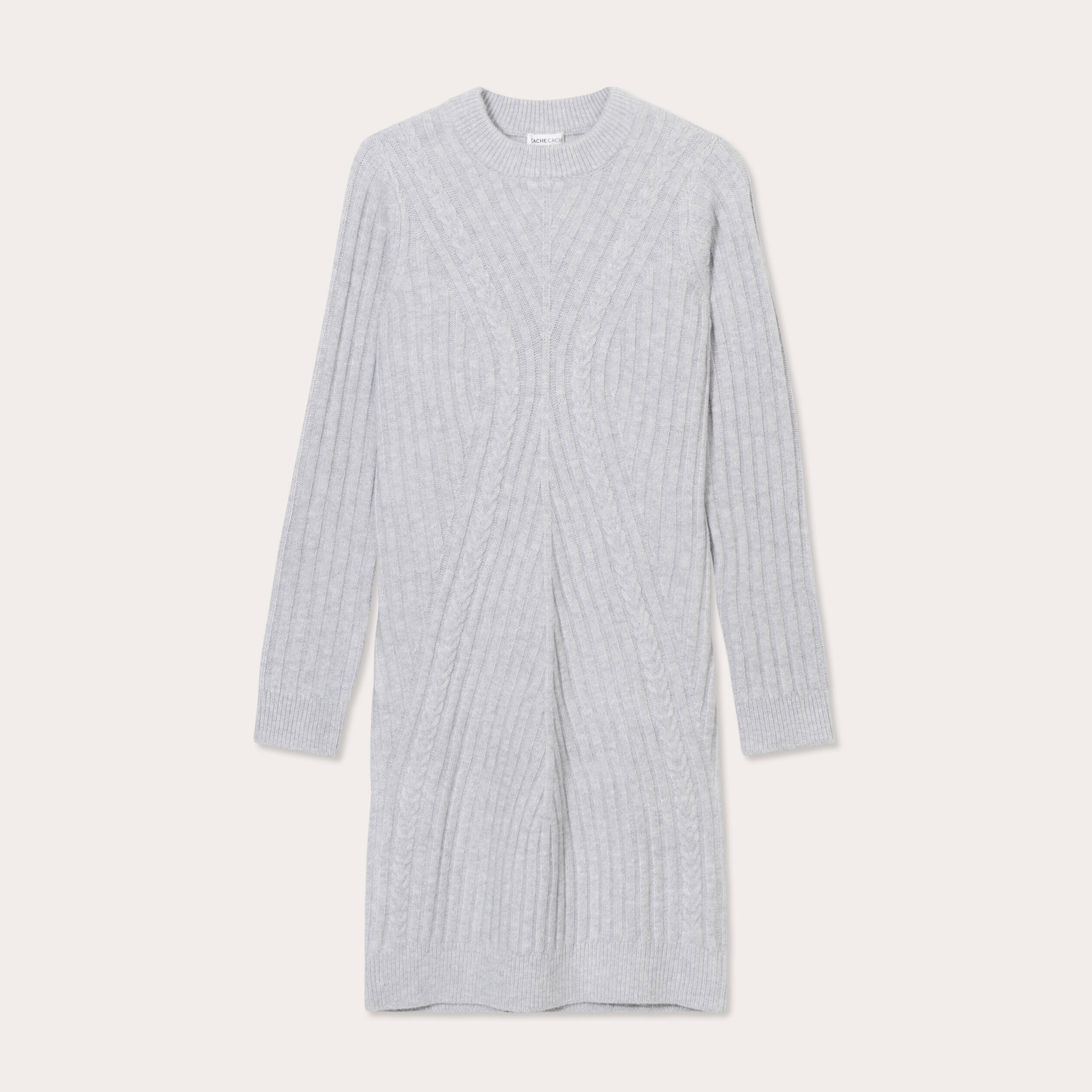 Robe pull &agrave; torsades gris clair femme