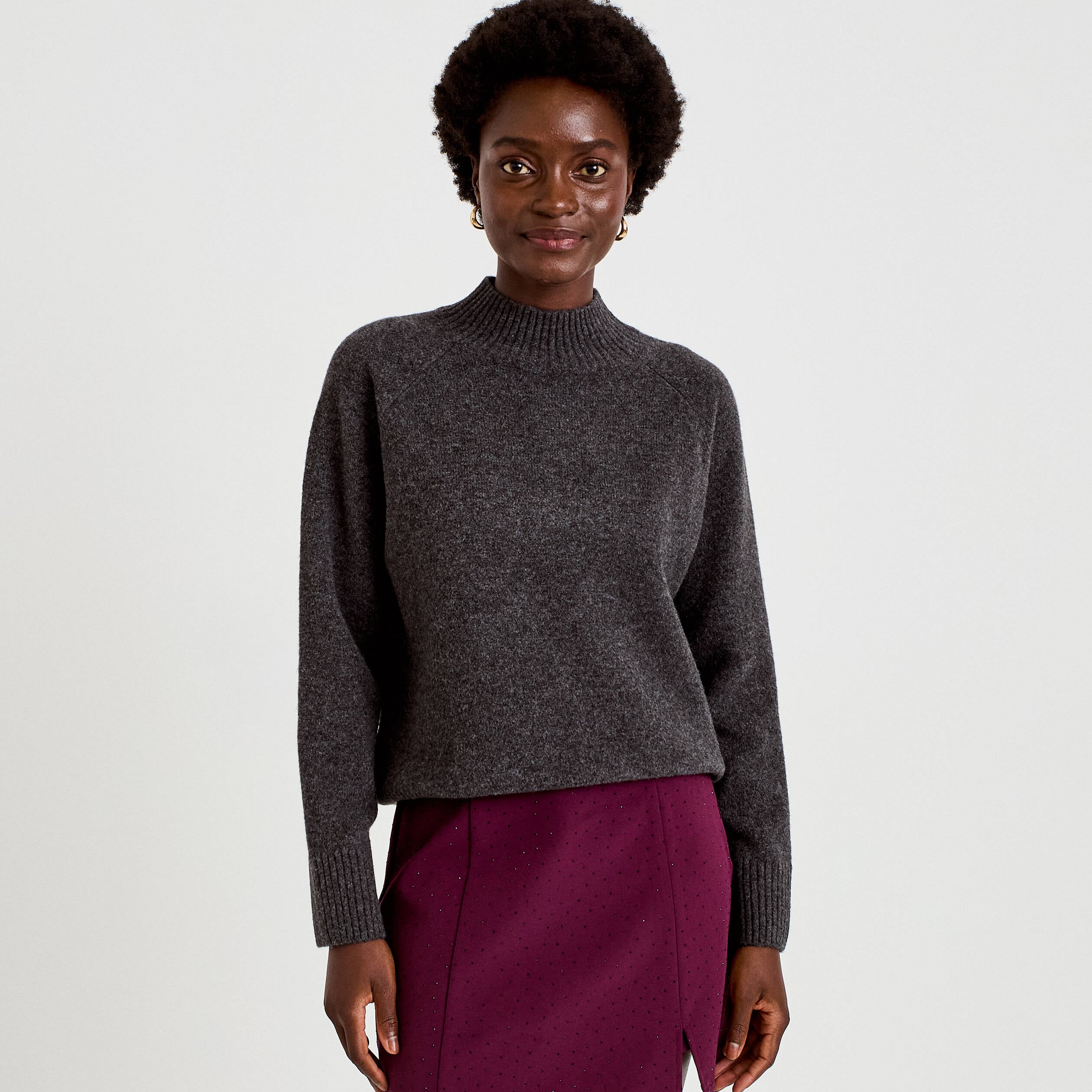 Pull col montant manches longues gris fonc&eacute; femme