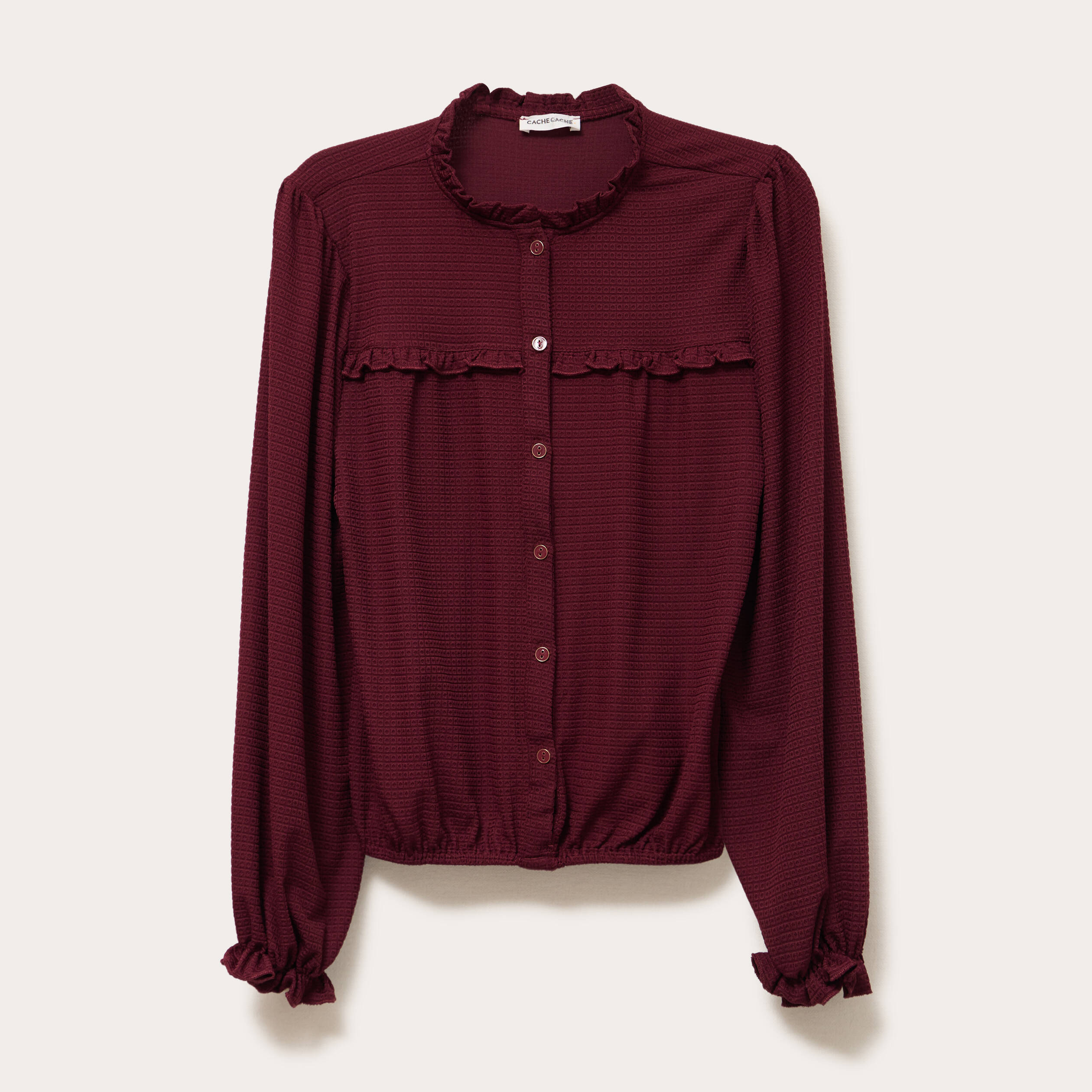 Blouse d&eacute;tails volants violet fonc&eacute; femme