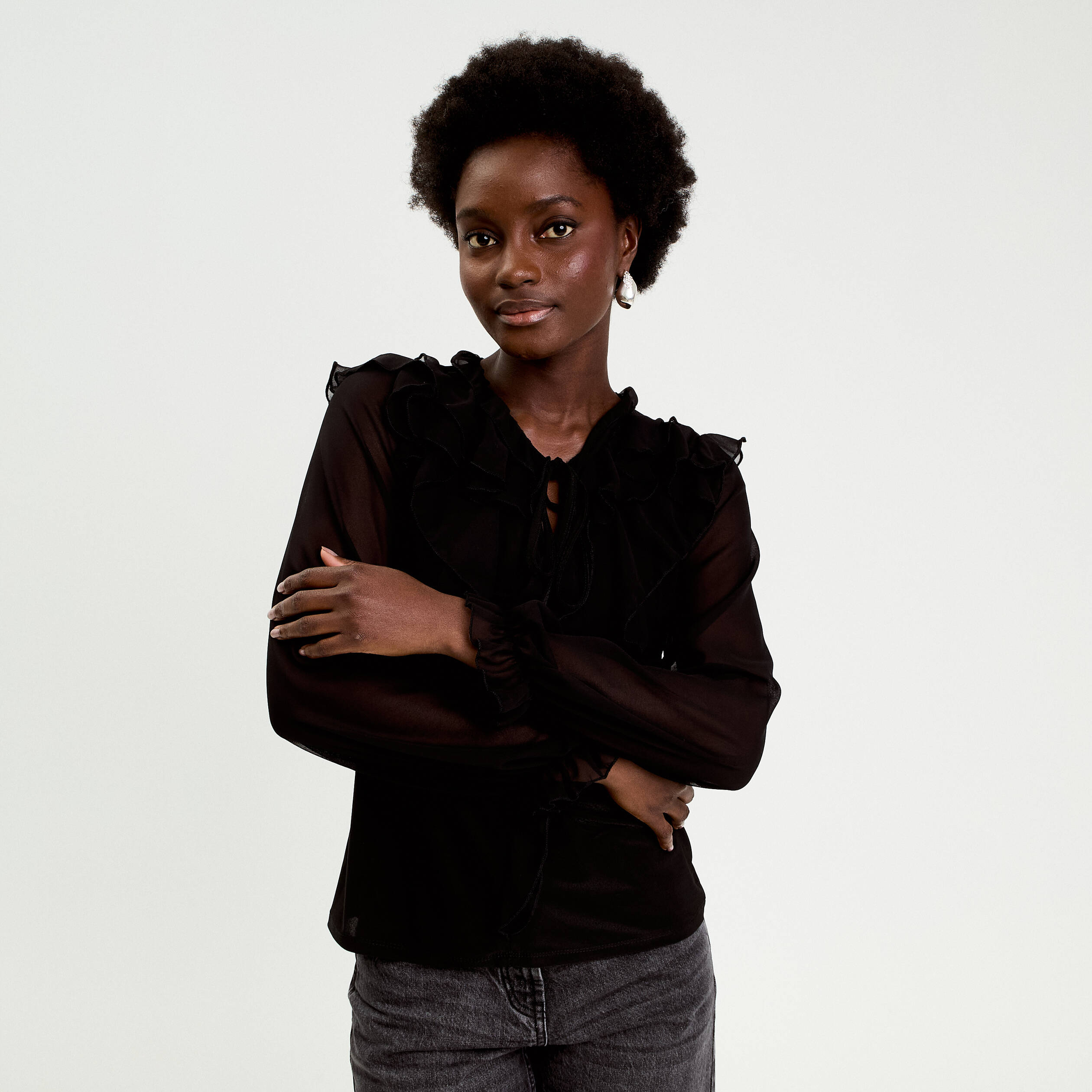 Blouse col v manches longues noir femme