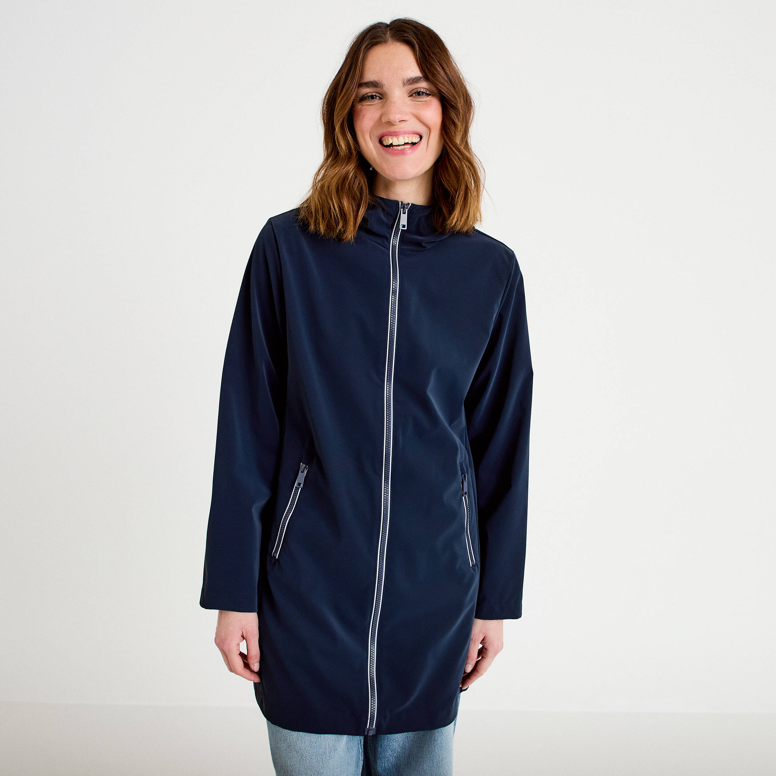 Parka &agrave; capuche manches longues bleu marine femme