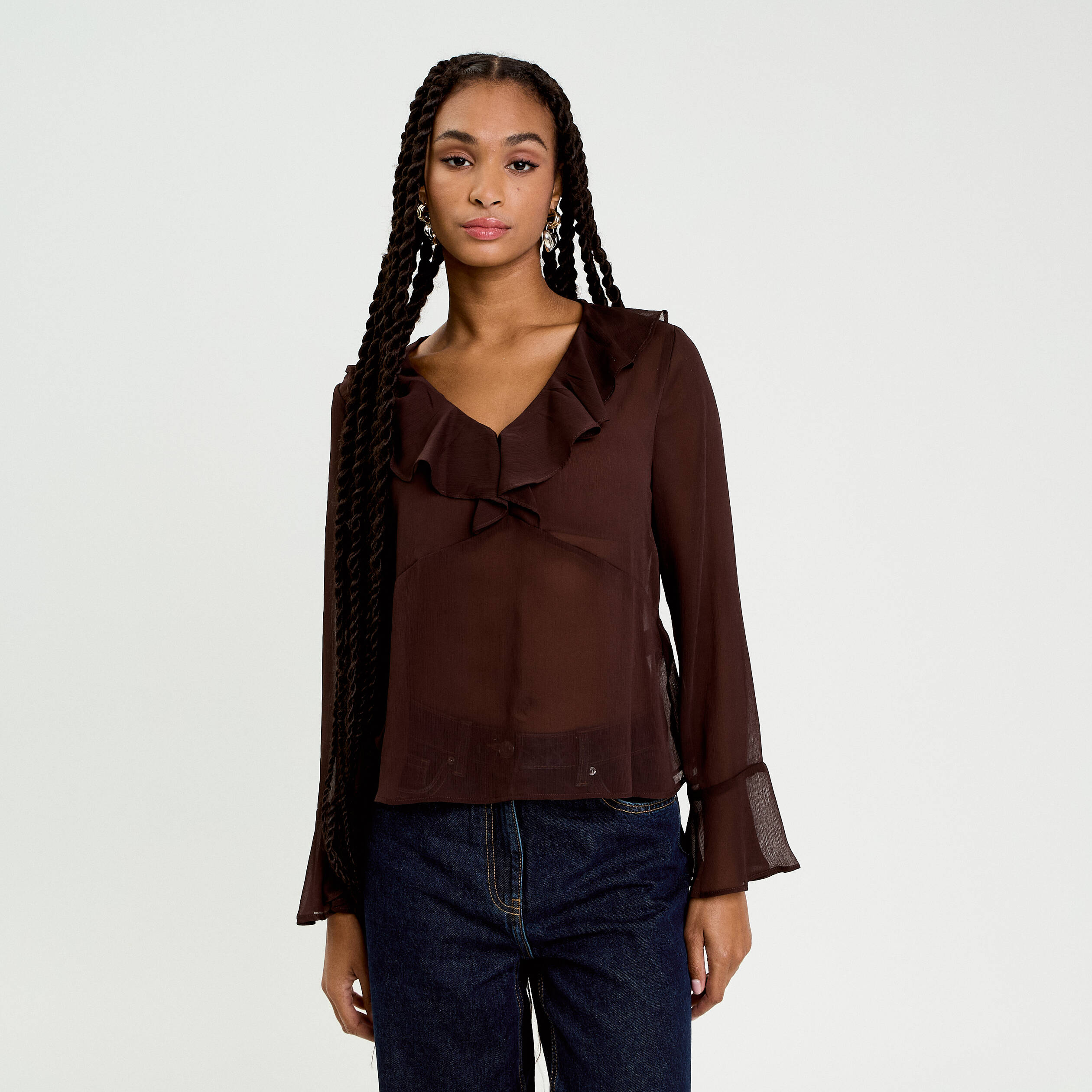 Blouse col V marron fonc&eacute; femme