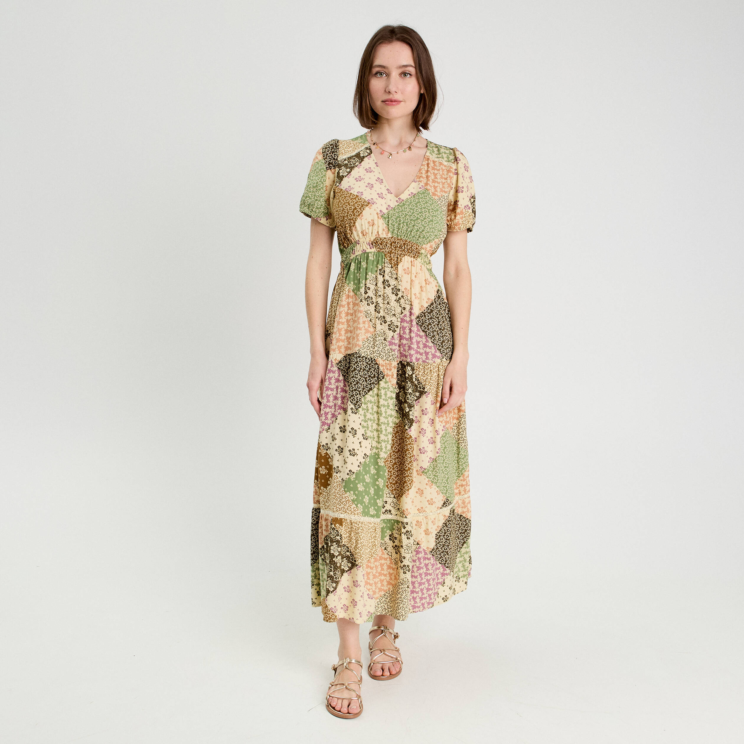 Robe longue &eacute;vas&eacute;e beige femme