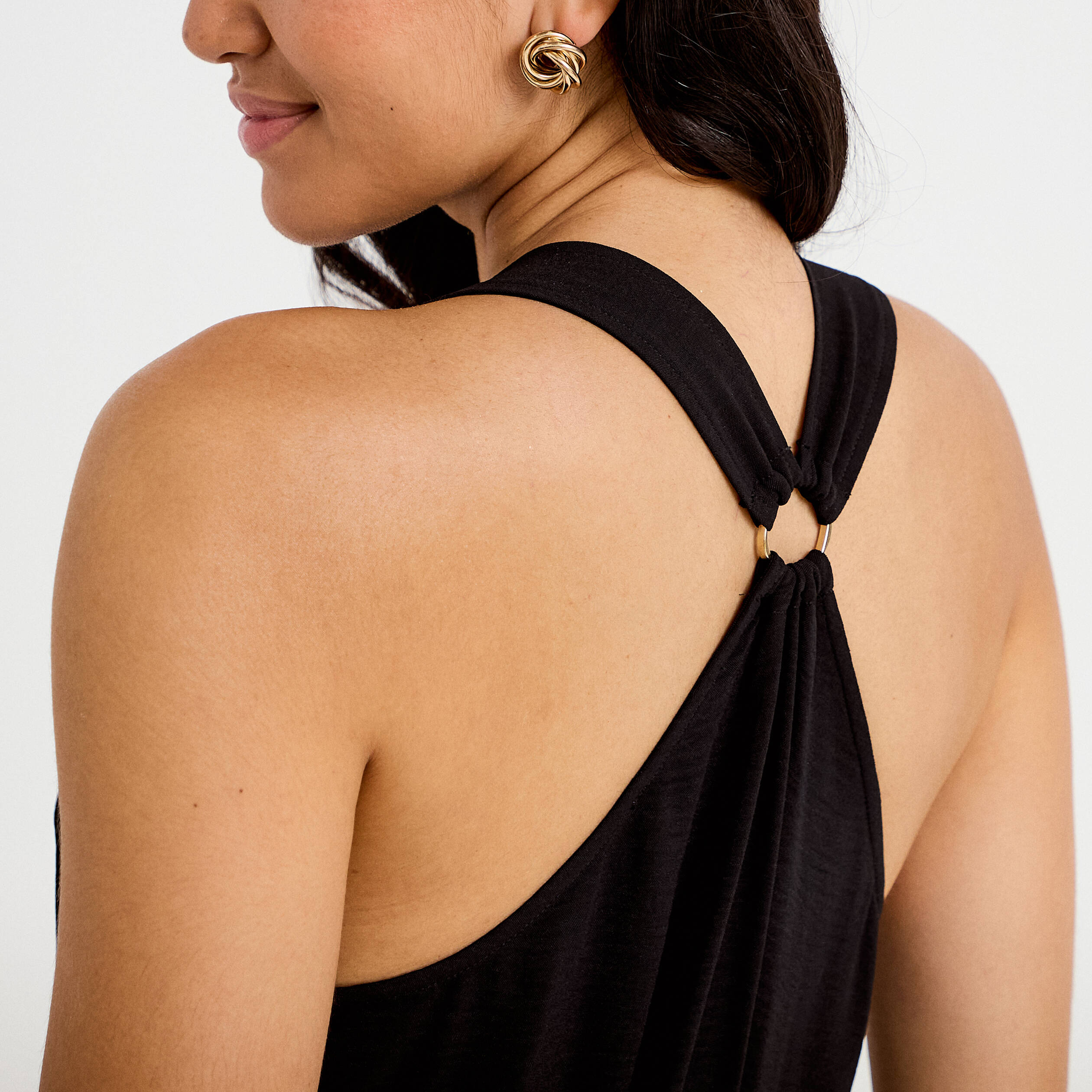 Robe longue droite col v bretelles fines noir femme
