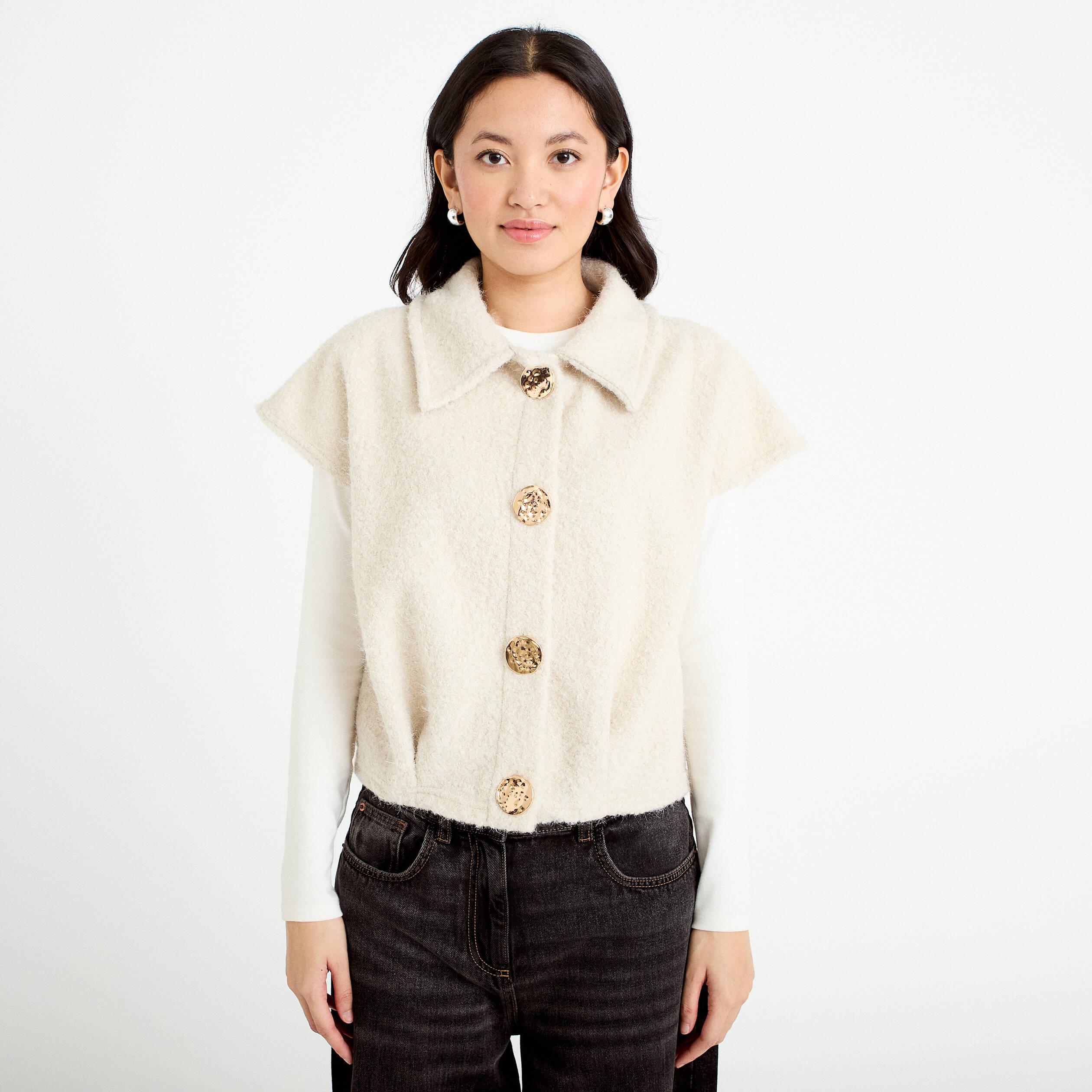 Veste sans manches bouclette col rond sable femme