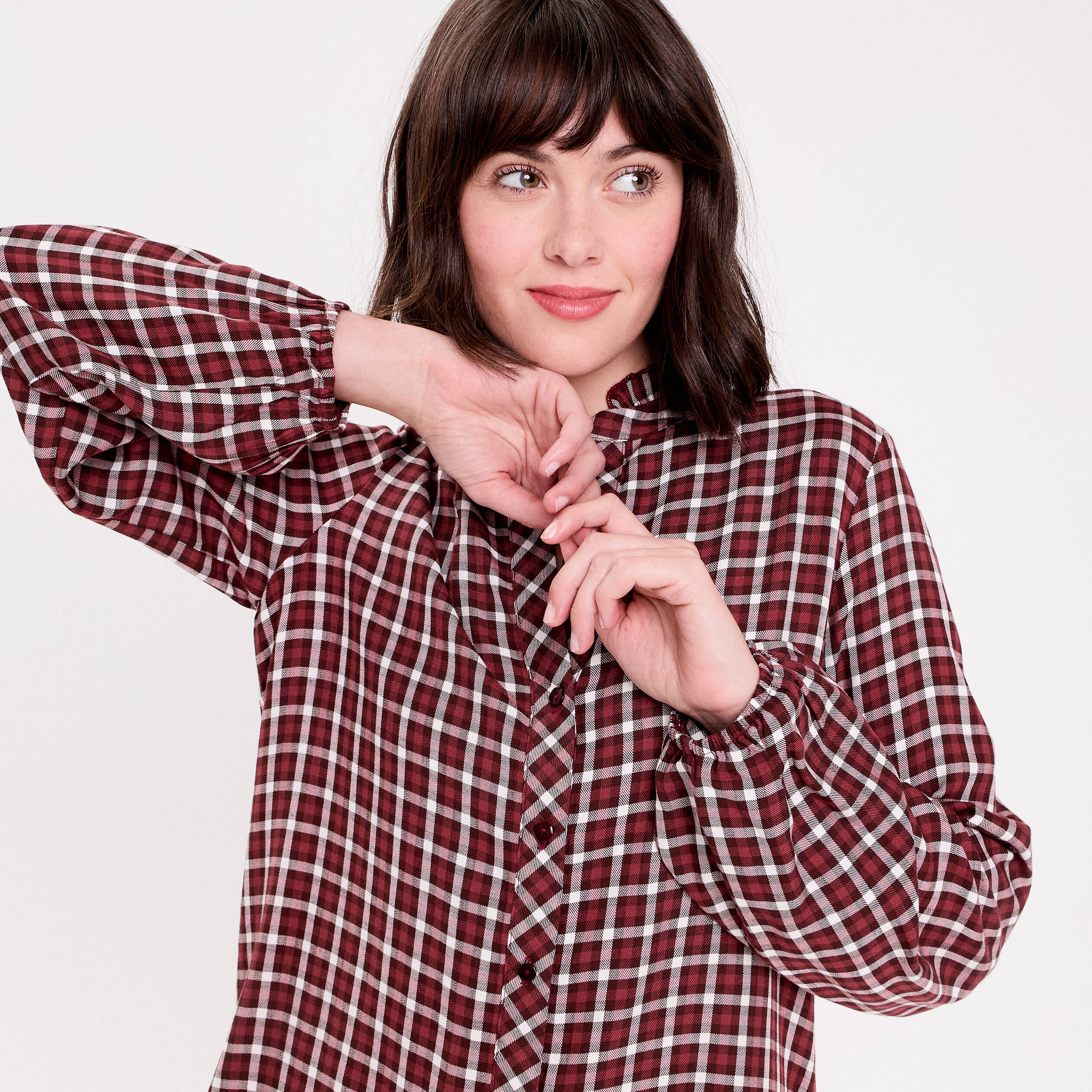 Blouse col montant manches longues bordeaux femme