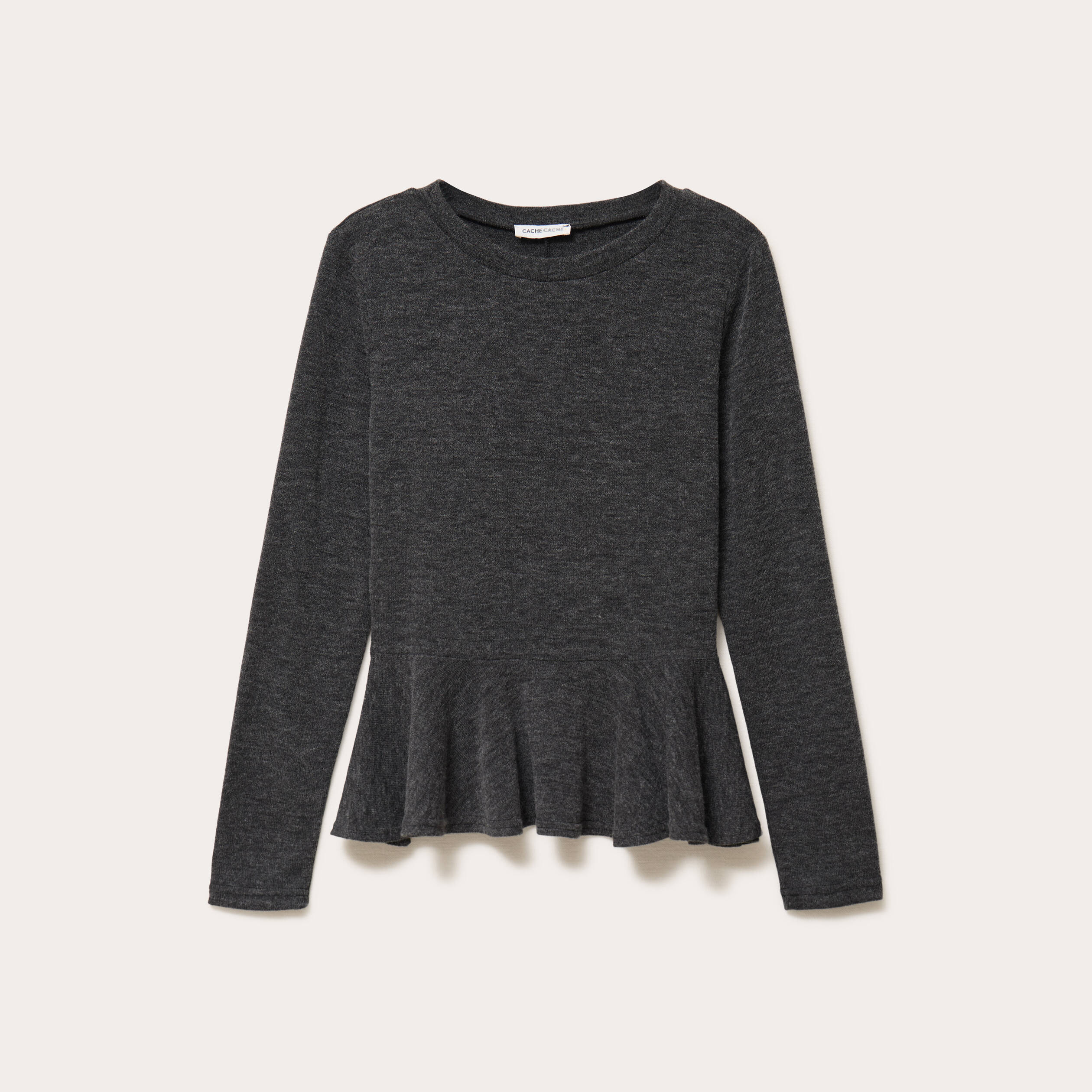 Pull ajust&eacute; court manches longues gris fonc&eacute; femme