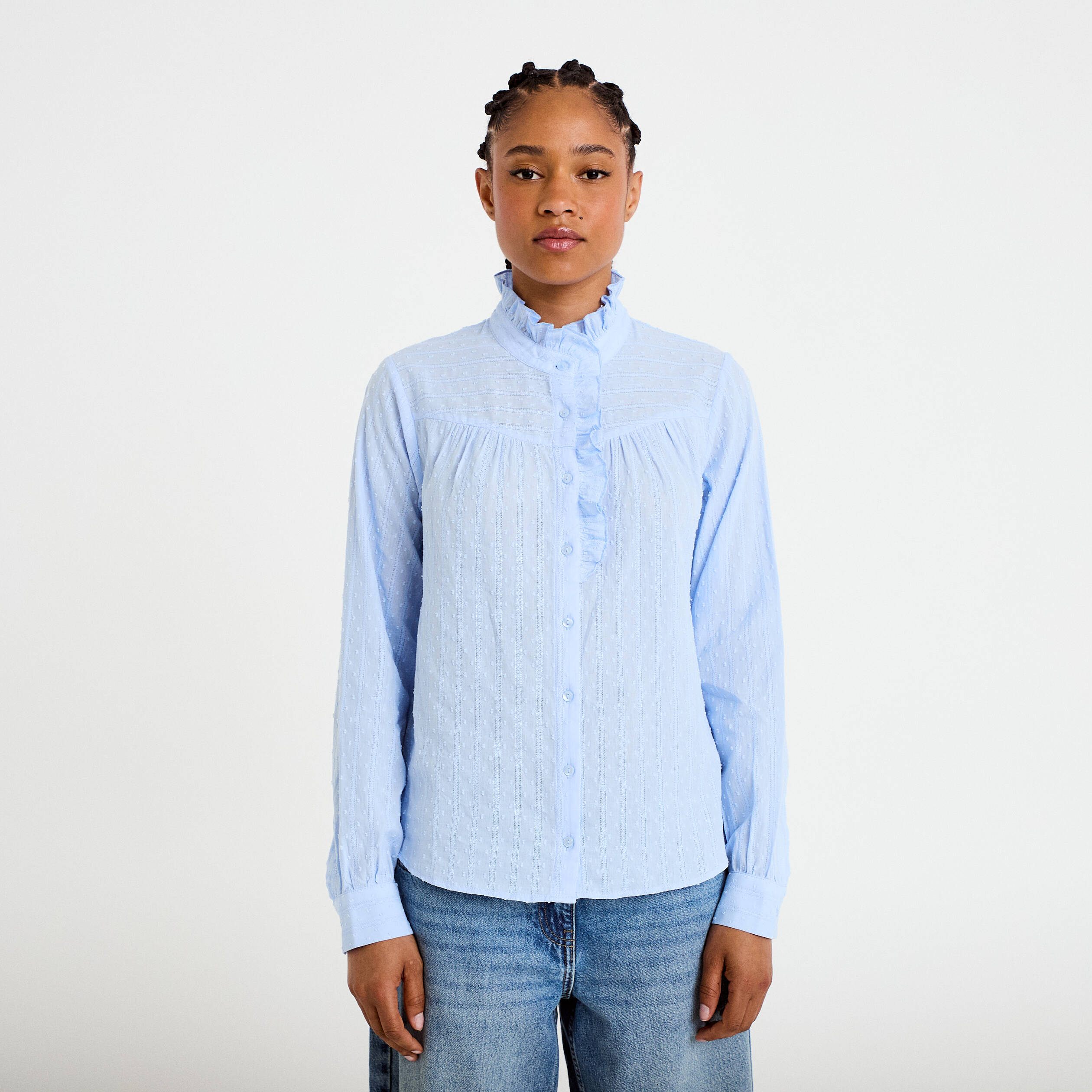 Chemise col montant manches longues bleu clair femme